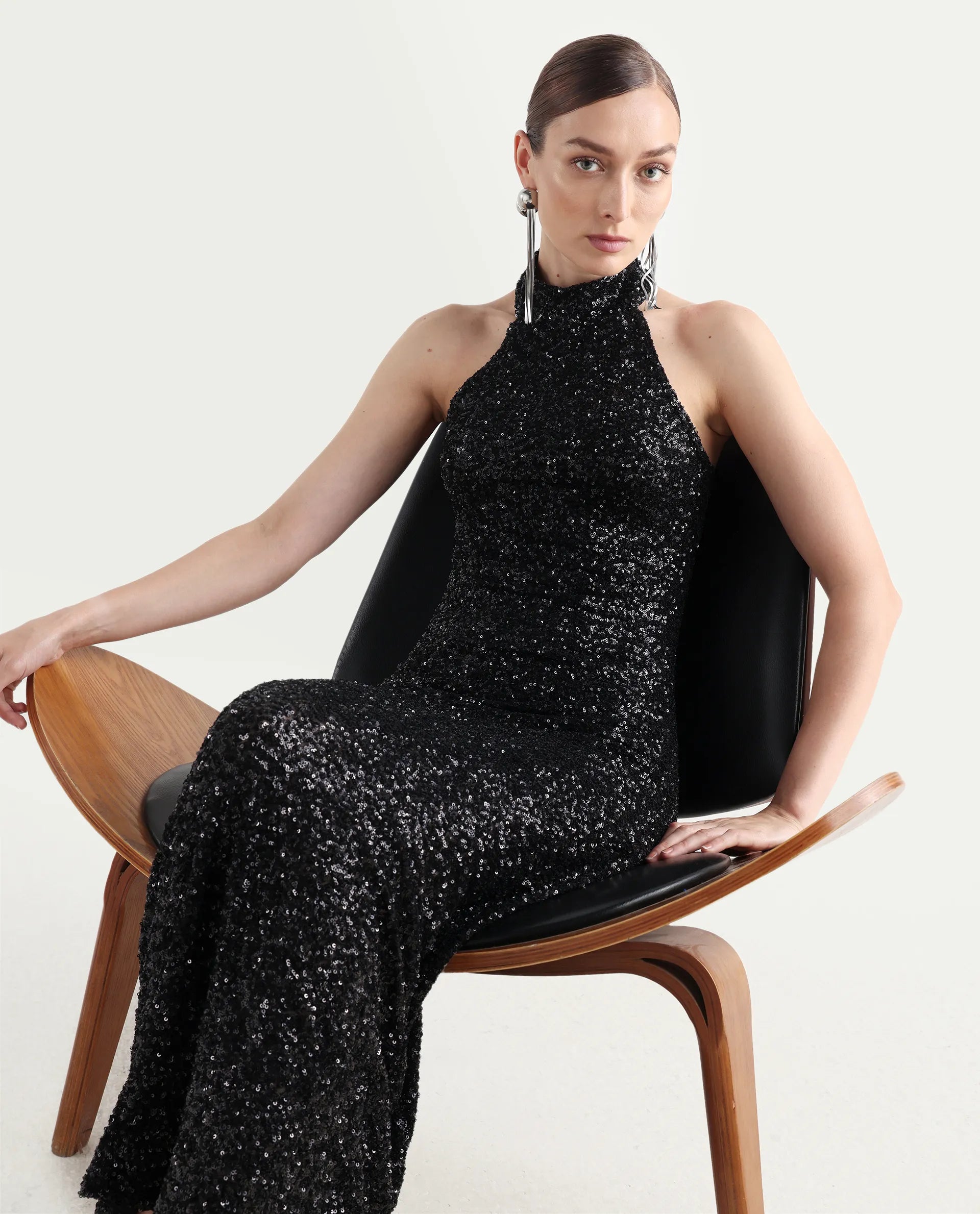 Rareism Women's Ardhan Metallic Black Sequined Halter Neck Plain Sleeveless Maxi Fitted Dress