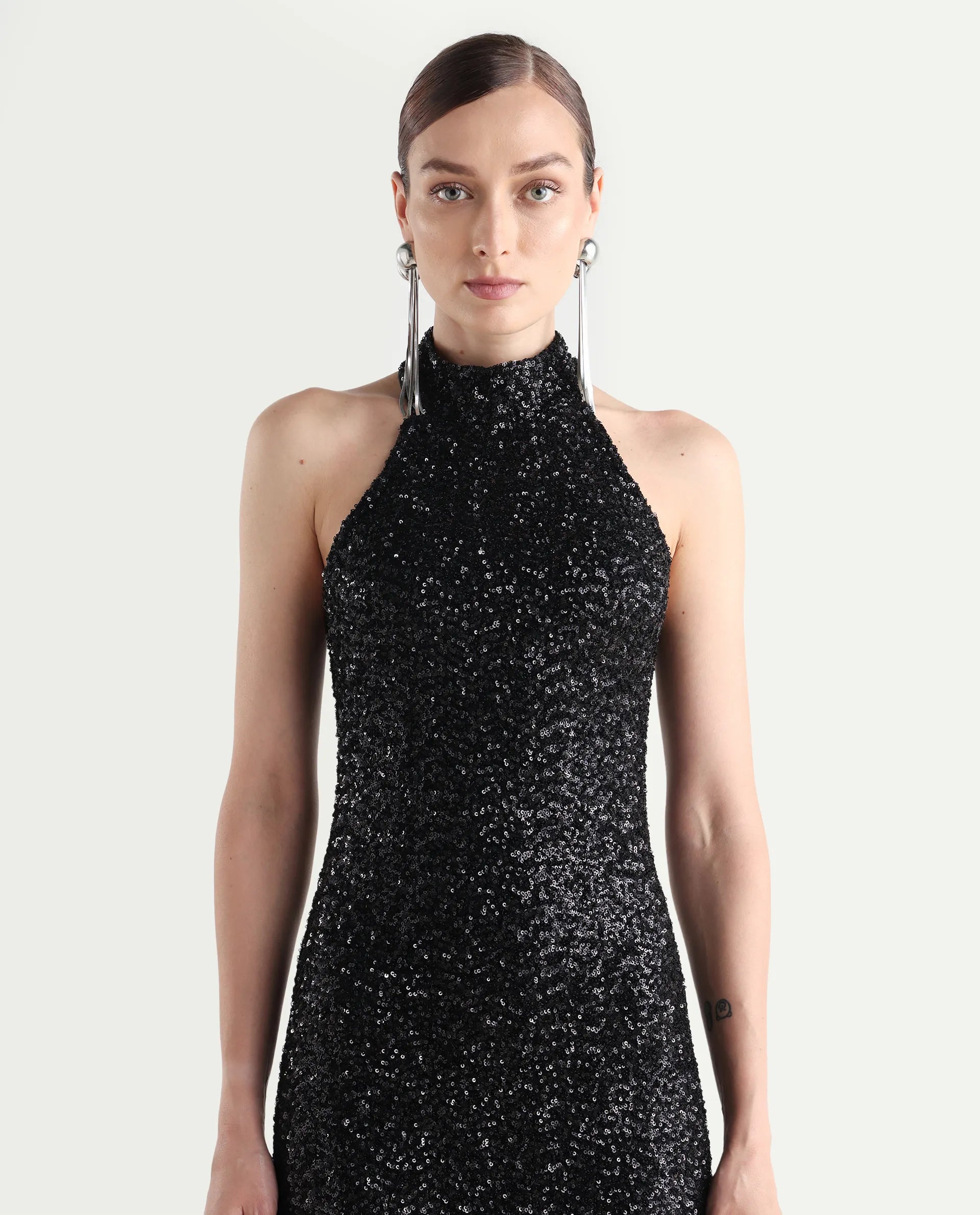 Rareism Women's Ardhan Metallic Black Sequined Halter Neck Plain Sleeveless Maxi Fitted Dress