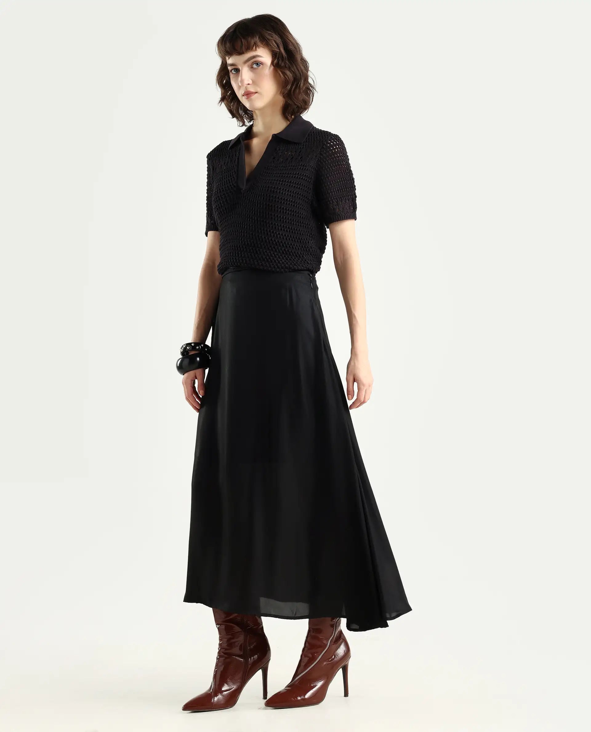 Rareism Women's Wagna Black Polyester Plain Maxi Flared Skirt