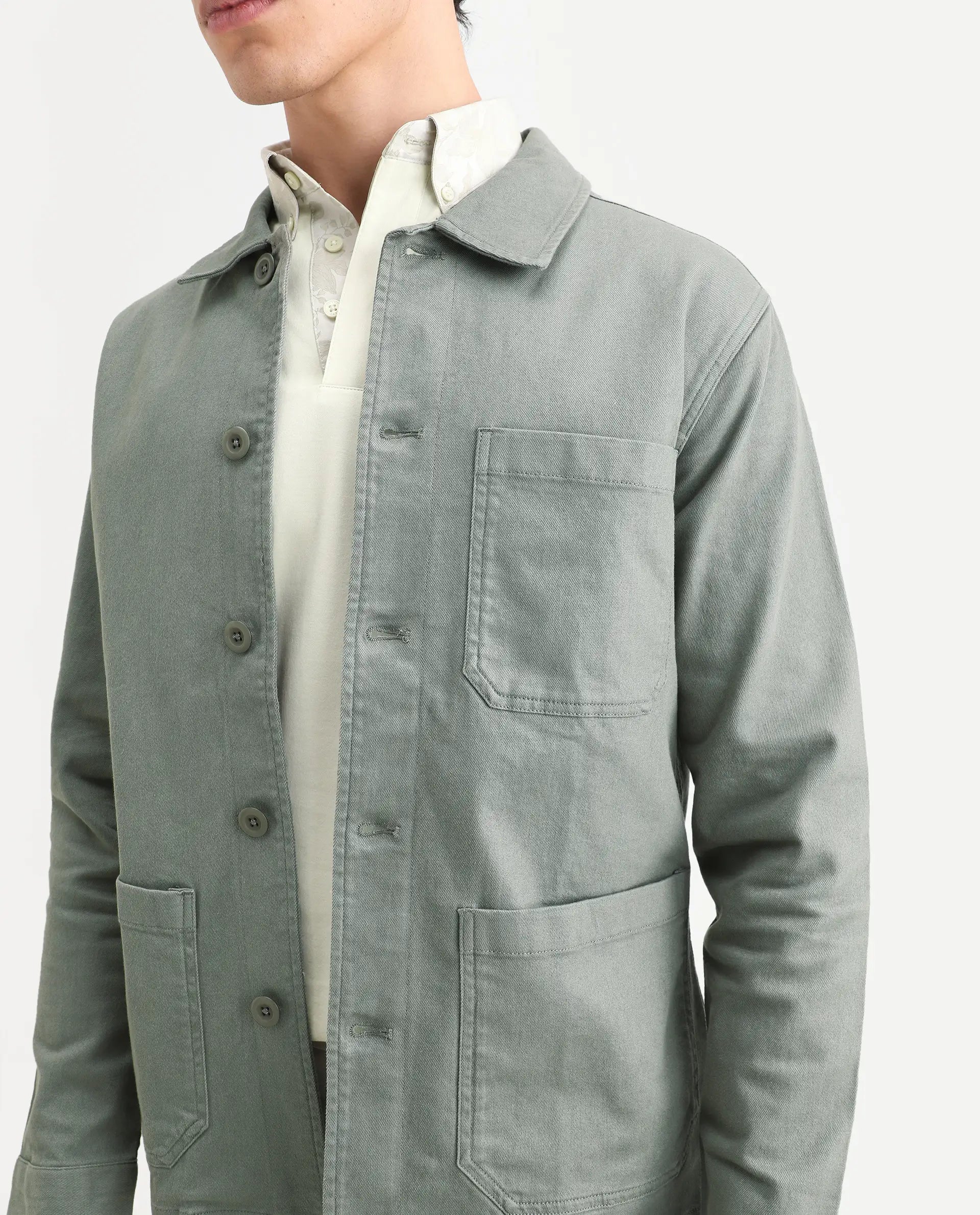 Rare Rabbit Men's Slowear Dusky Green Cotton Blend Plain Regular Fit Full Sleeve Collared Shacket