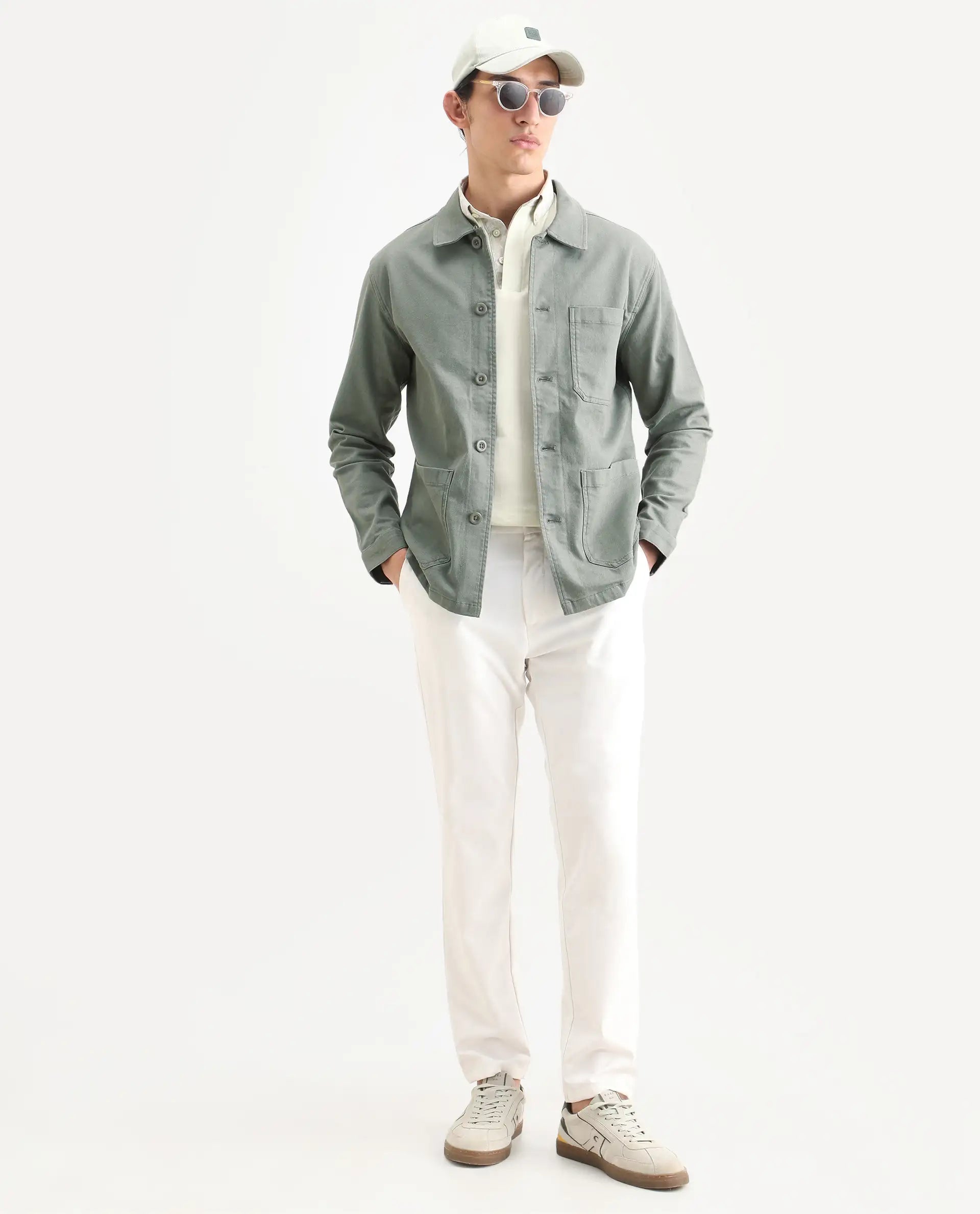 Rare Rabbit Men's Slowear Dusky Green Cotton Blend Plain Regular Fit Full Sleeve Collared Shacket