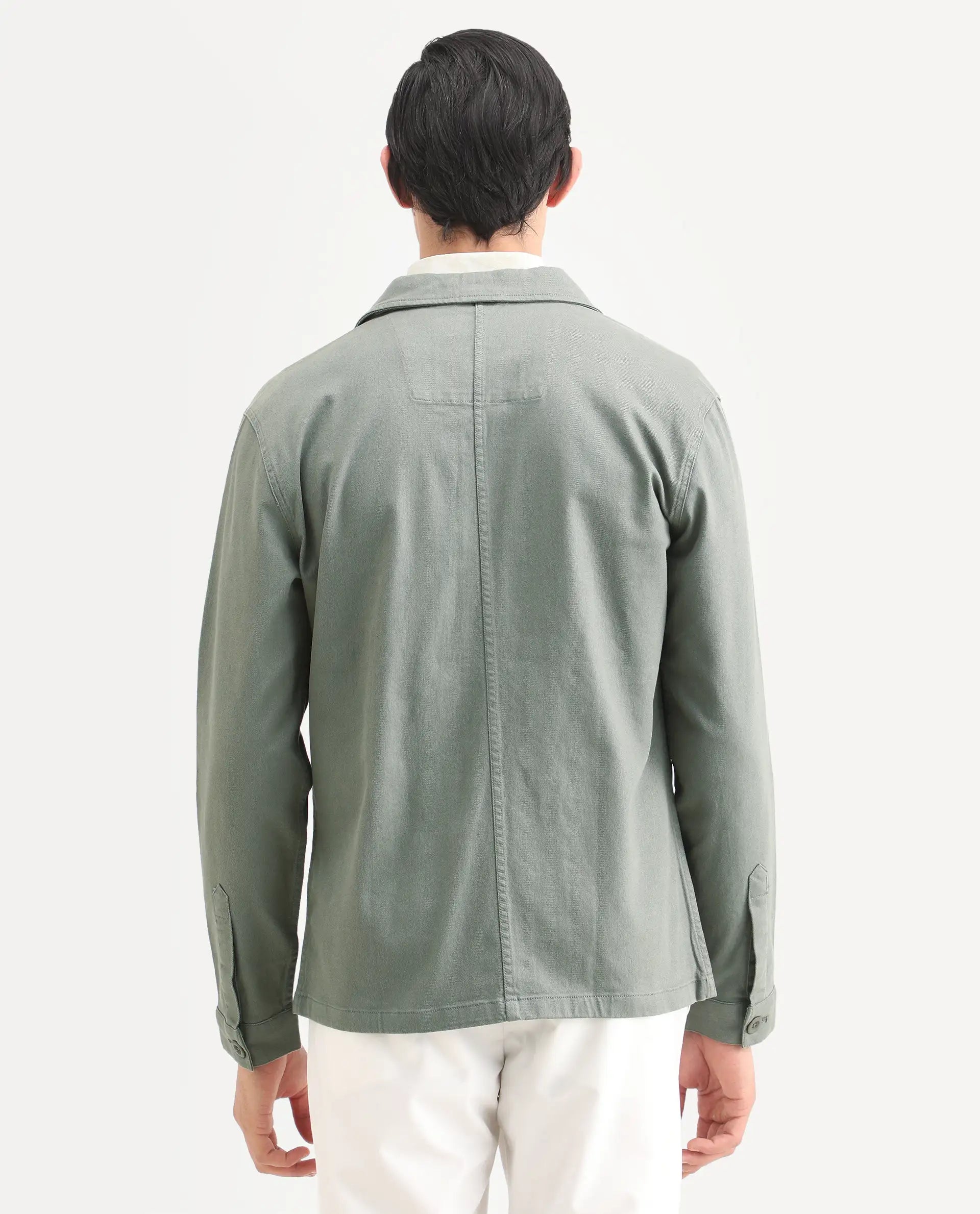 Rare Rabbit Men's Slowear Dusky Green Cotton Blend Plain Regular Fit Full Sleeve Collared Shacket