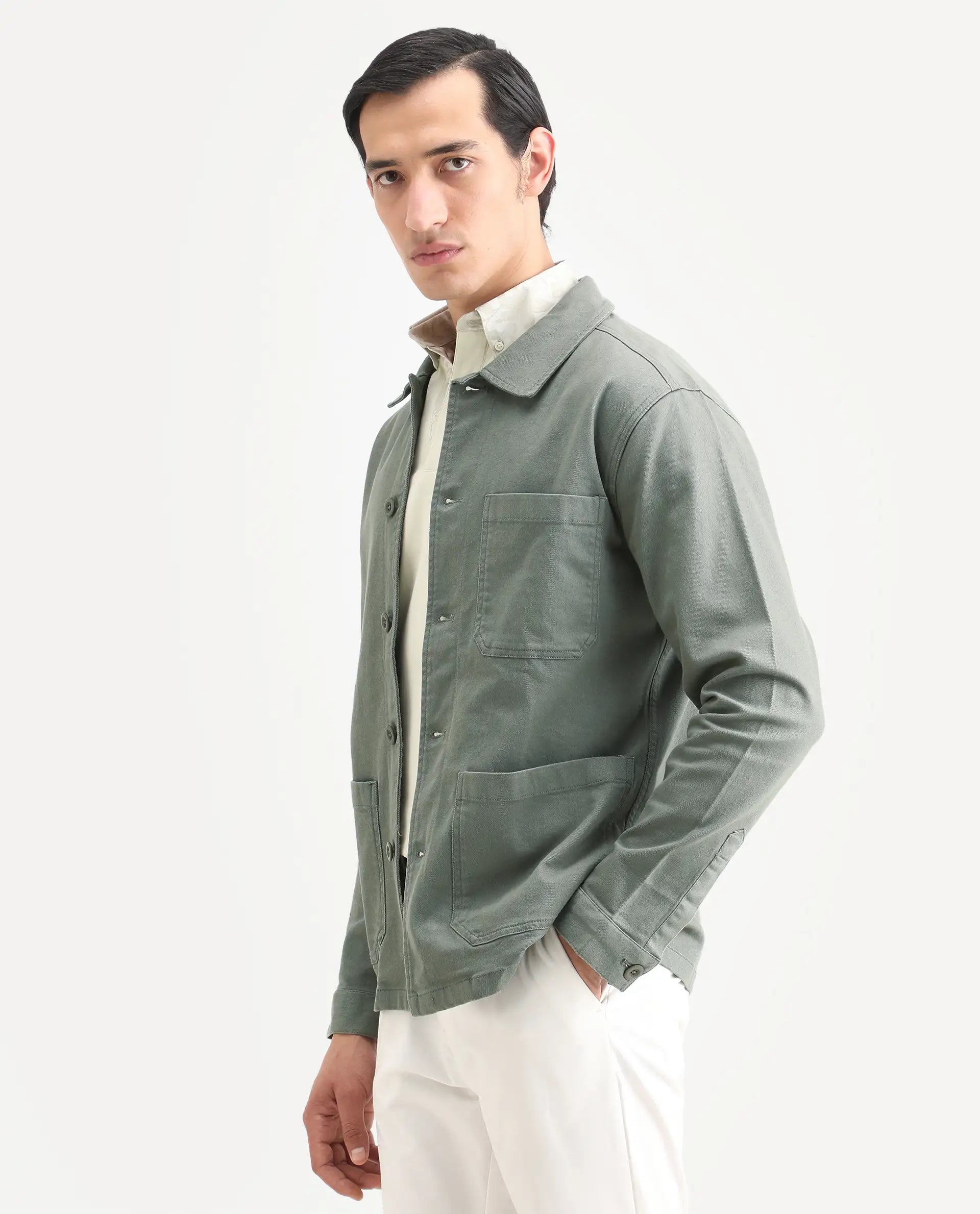 Rare Rabbit Men's Slowear Dusky Green Cotton Blend Plain Regular Fit Full Sleeve Collared Shacket