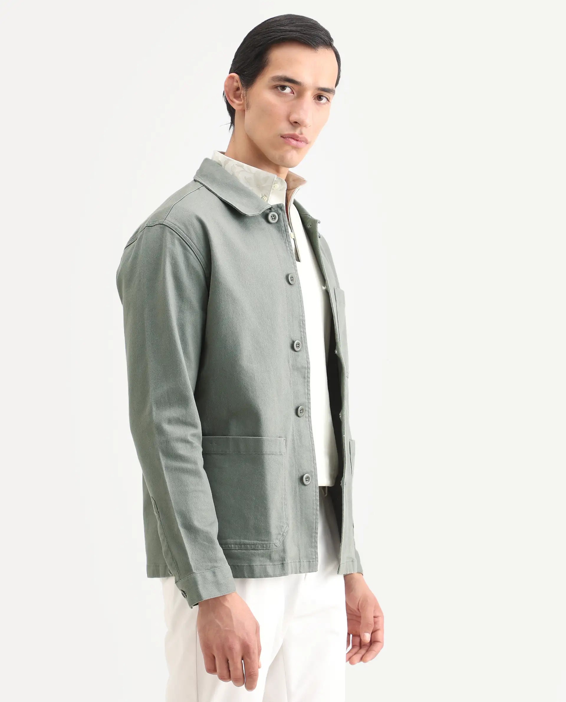 Rare Rabbit Men's Slowear Dusky Green Cotton Blend Plain Regular Fit Full Sleeve Collared Shacket