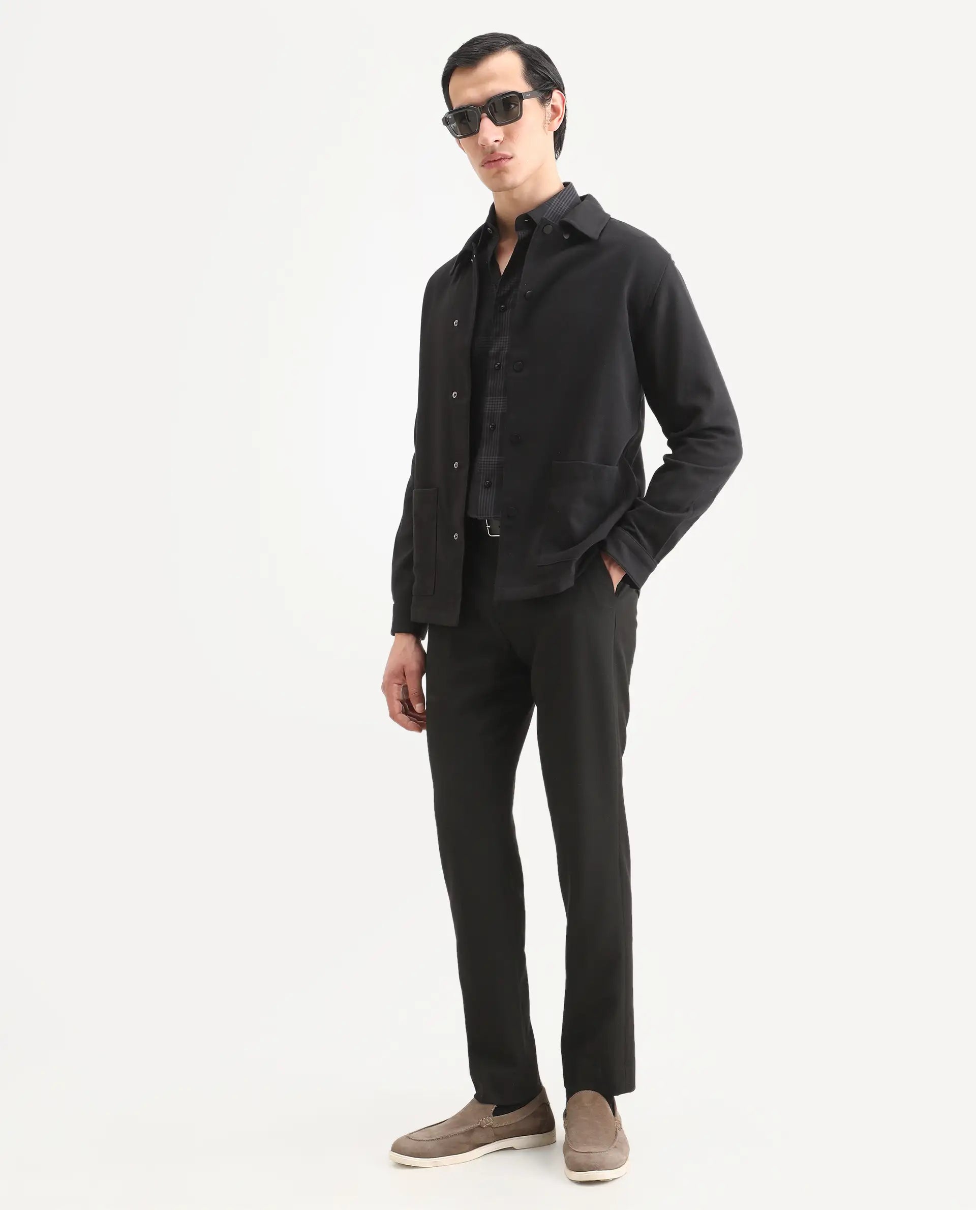 Rare Rabbit Men's Brant Black Rayon Plain Relaxed Fit Full Sleeve Collared Shacket