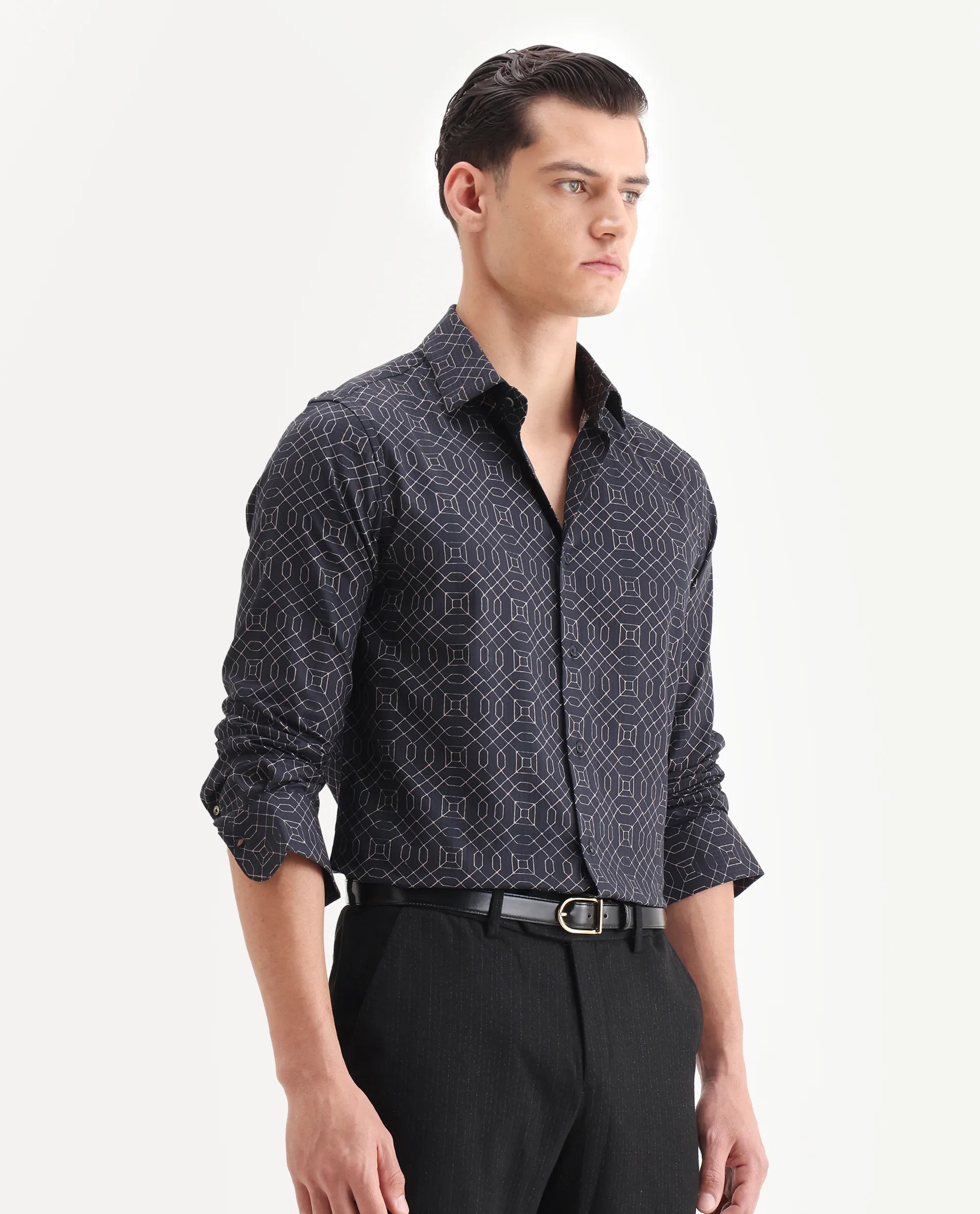 Rare Rabbit Men's Cotton Blend Geometric Print Regular Fit Full Sleeve Collared Shirt