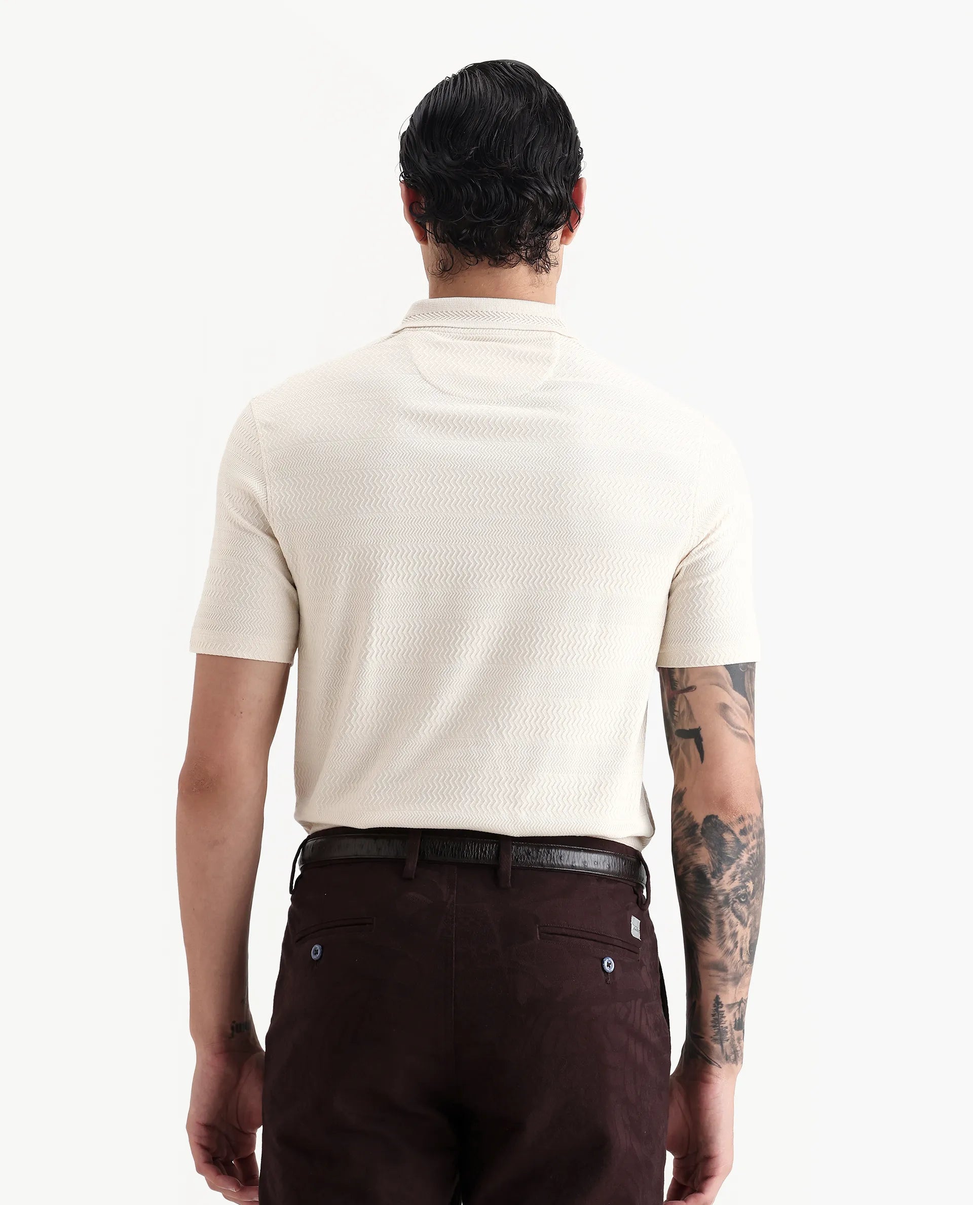 Rare Rabbit Men's Clion-1 Beige Cotton Blend Jacquard Regular Fit Half Sleeve Polo