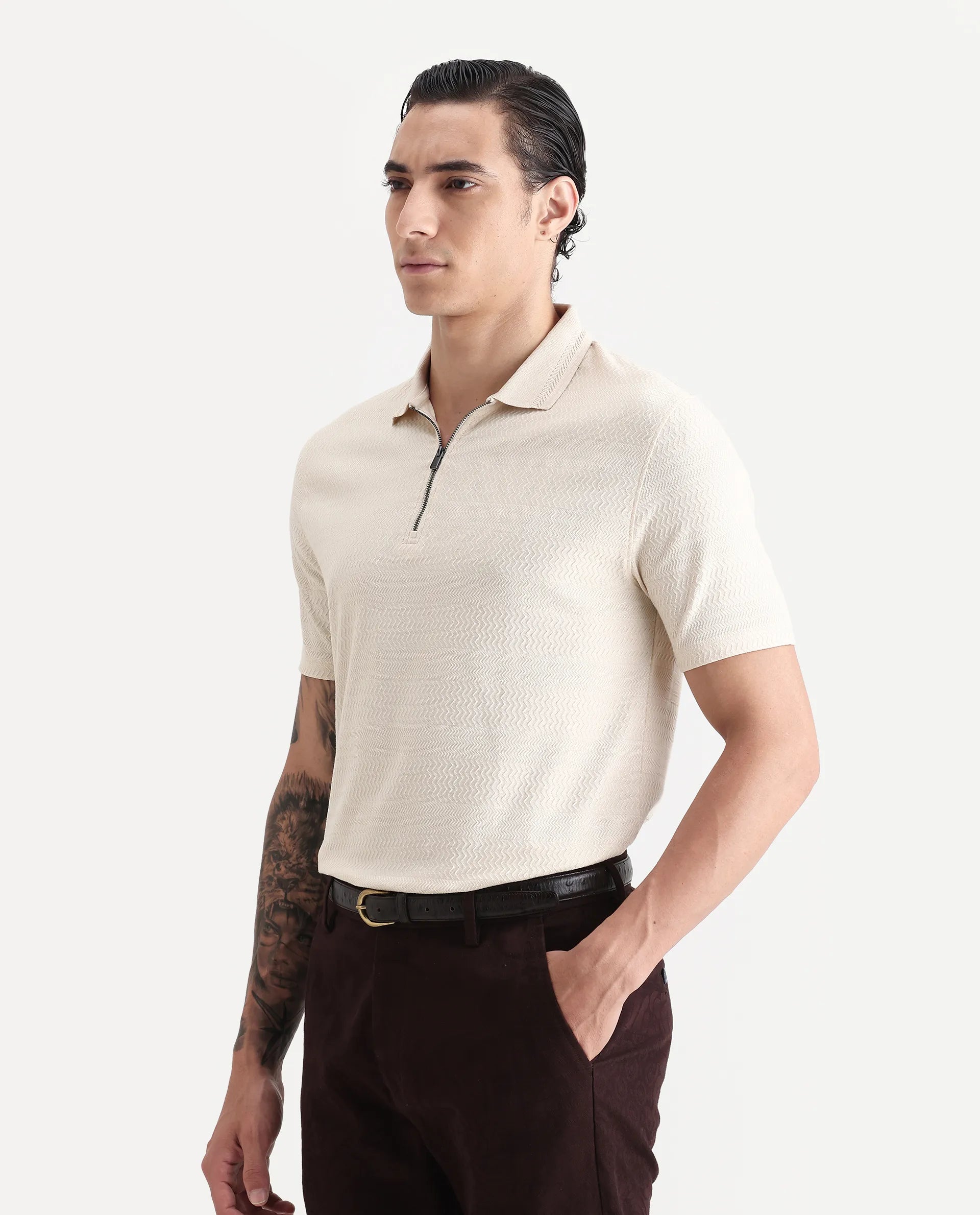 Rare Rabbit Men's Clion-1 Beige Cotton Blend Jacquard Regular Fit Half Sleeve Polo