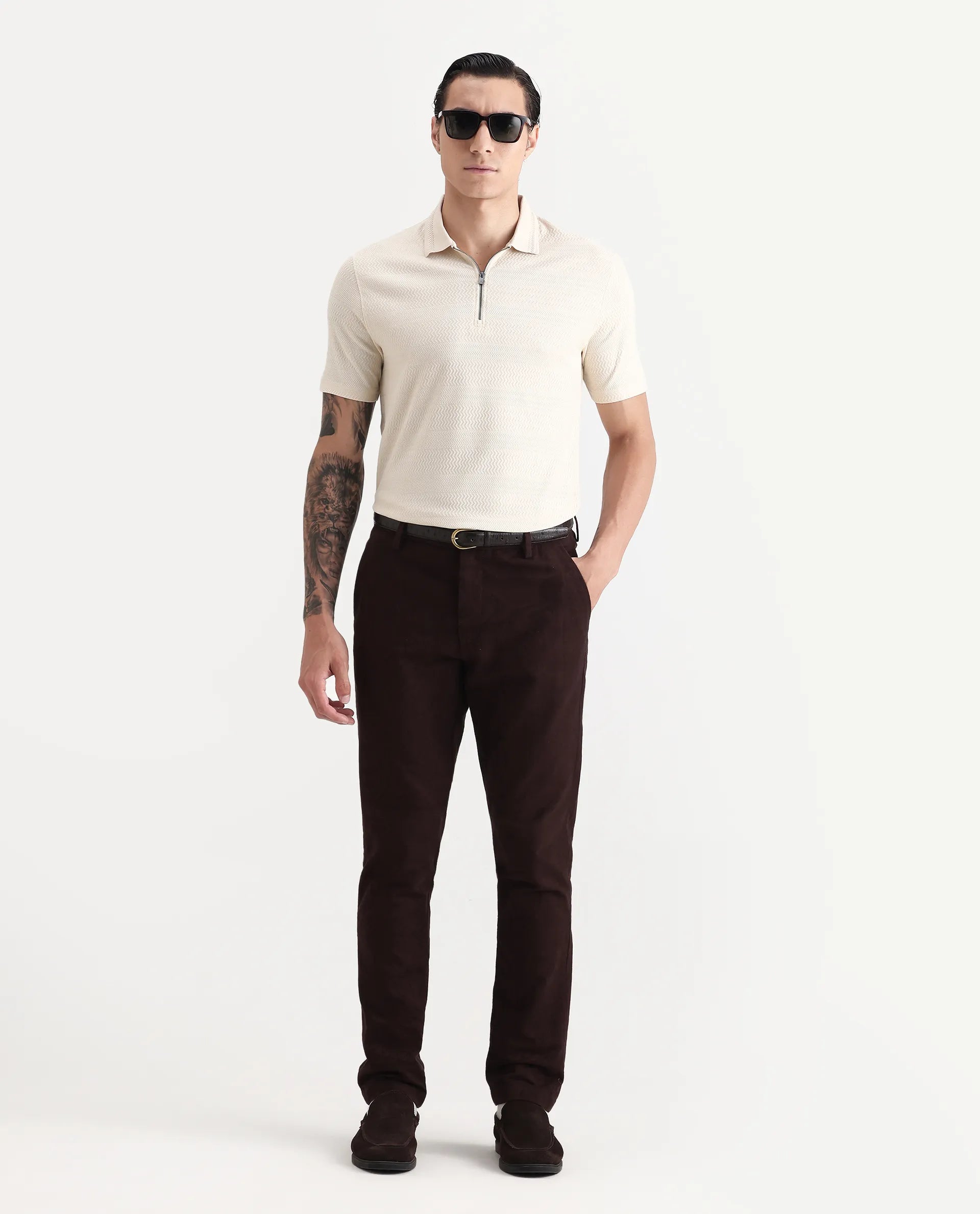 Rare Rabbit Men's Clion-1 Beige Cotton Blend Jacquard Regular Fit Half Sleeve Polo