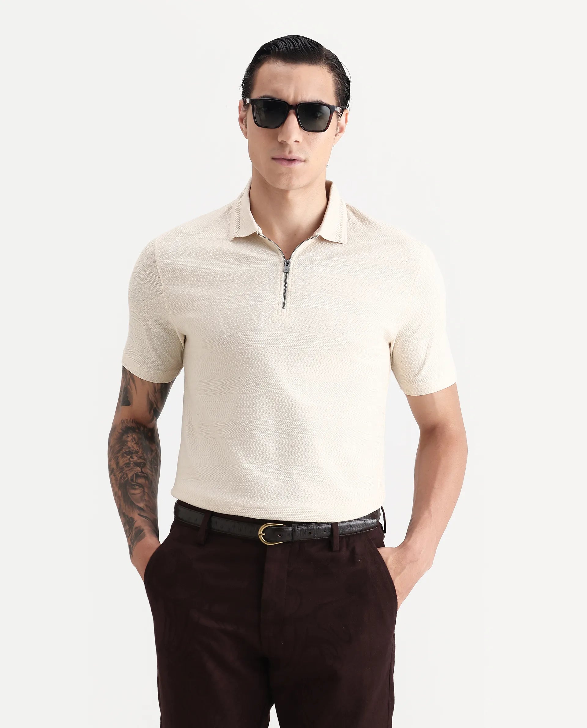 Rare Rabbit Men's Clion-1 Beige Cotton Blend Jacquard Regular Fit Half Sleeve Polo