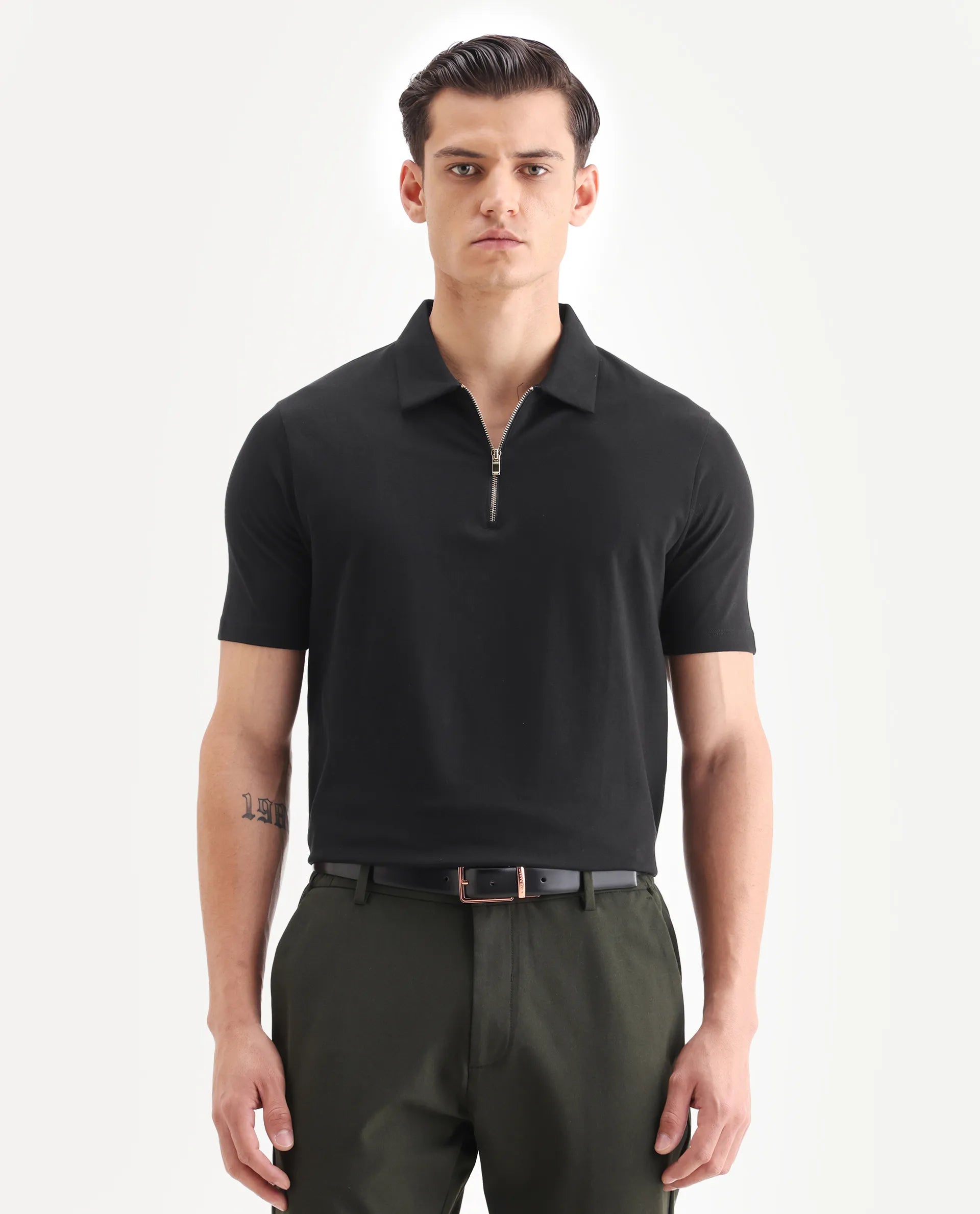 Rare Rabbit Men's Guild Casual Prin 1 Black Cotton Plain Regular Fit Half Sleeve Polo