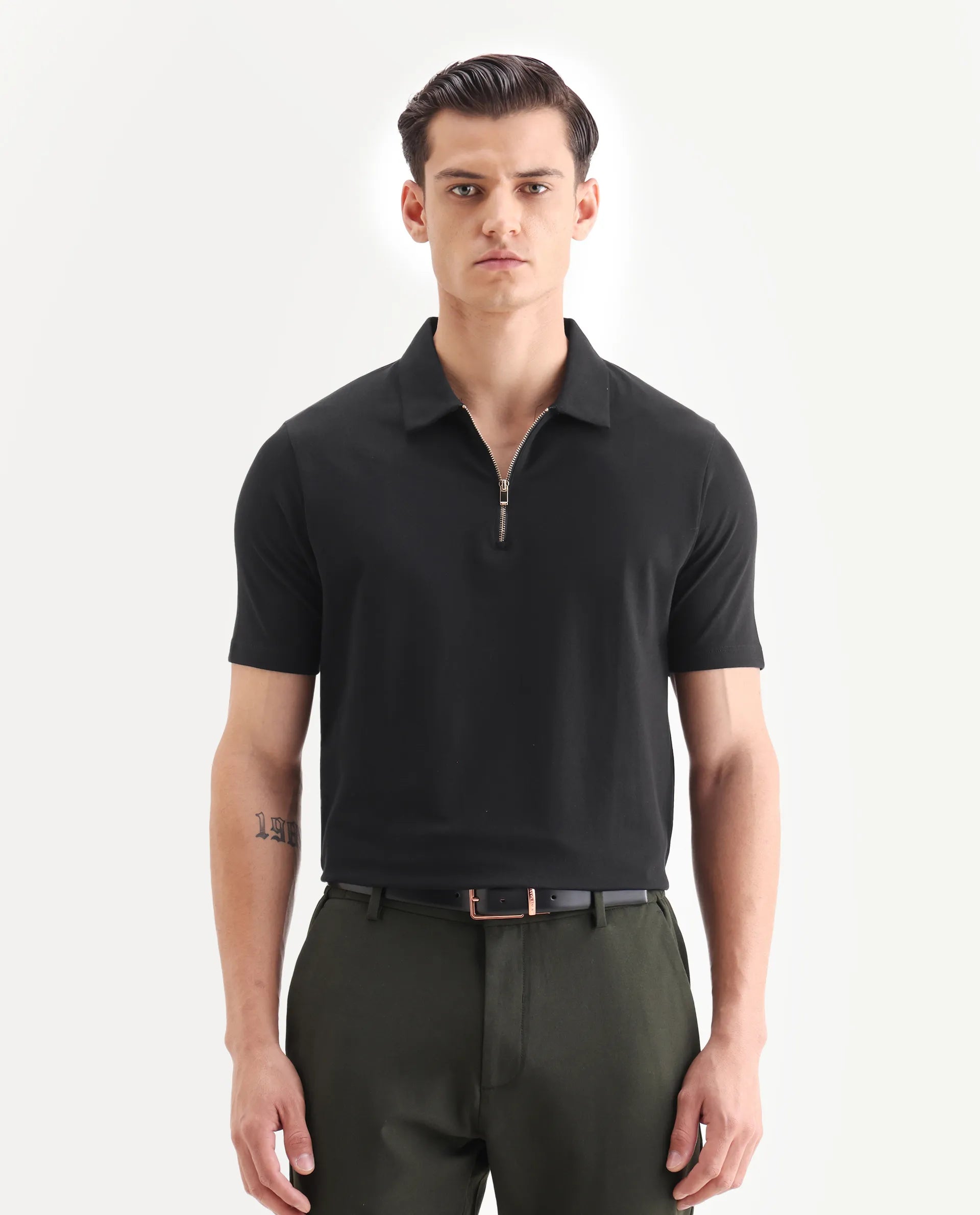 Rare Rabbit Men's Guild Casual Prin 1 Black Cotton Plain Regular Fit Half Sleeve Polo