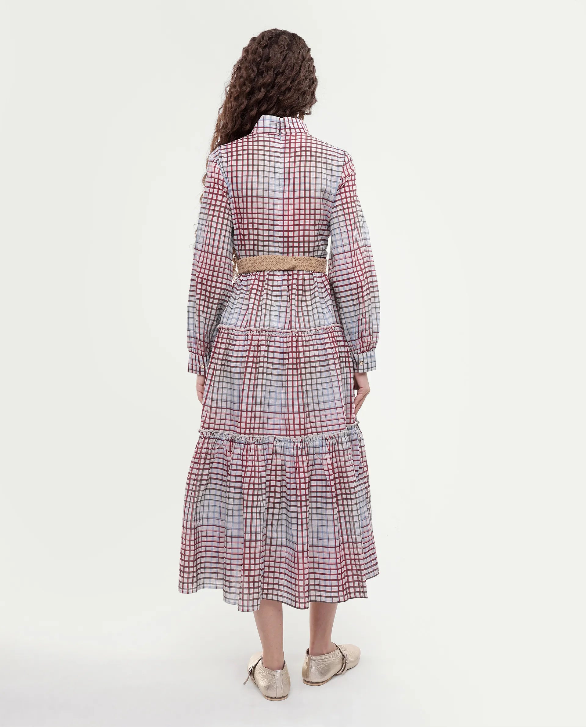 Rareism Women's Adilpi Multi Cotton Tie-Up Neck Flannel Print Bishop Sleeve Midi Fit And Flare Dress