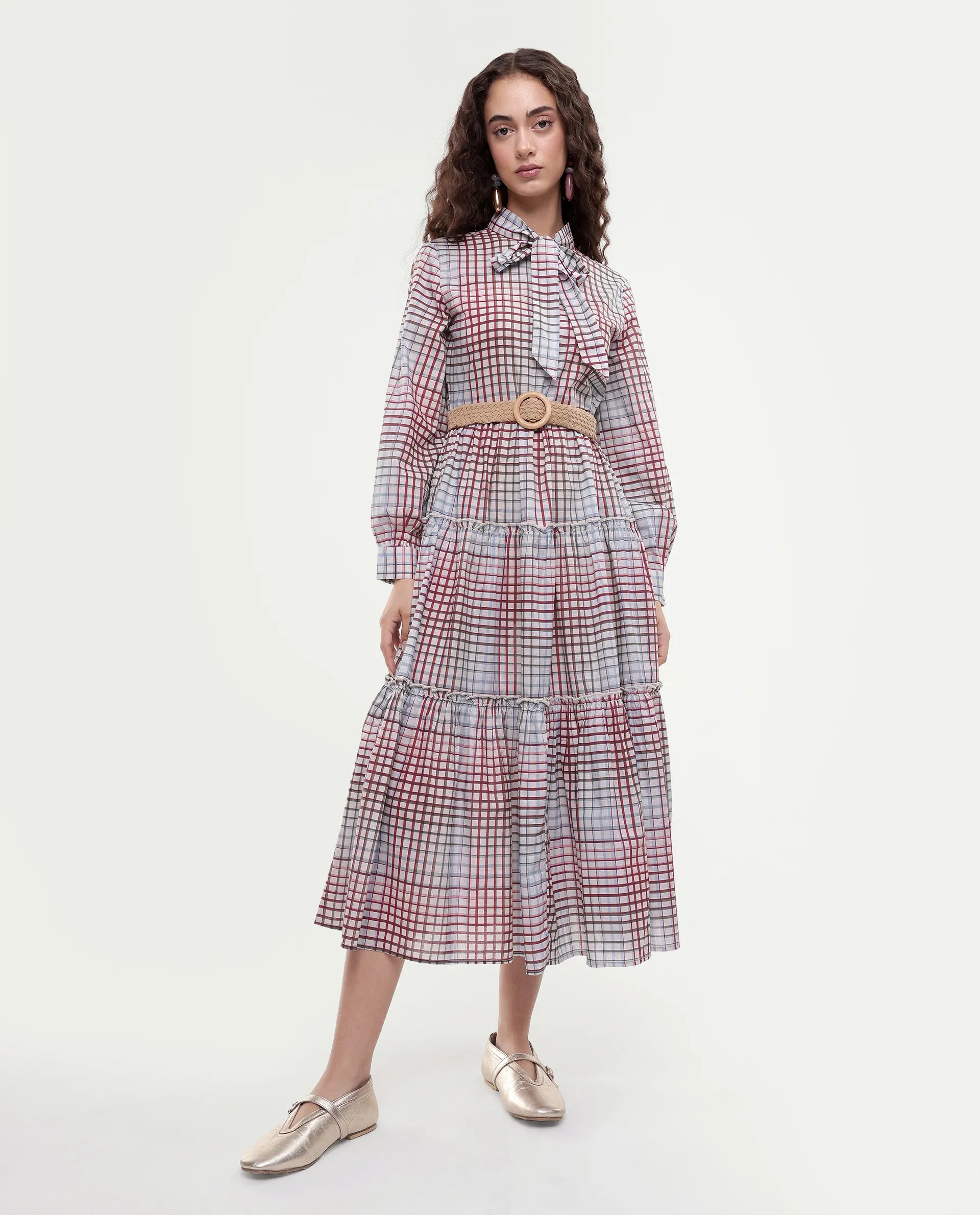 Rareism Women's Adilpi Multi Cotton Tie-Up Neck Flannel Print Bishop Sleeve Midi Fit And Flare Dress
