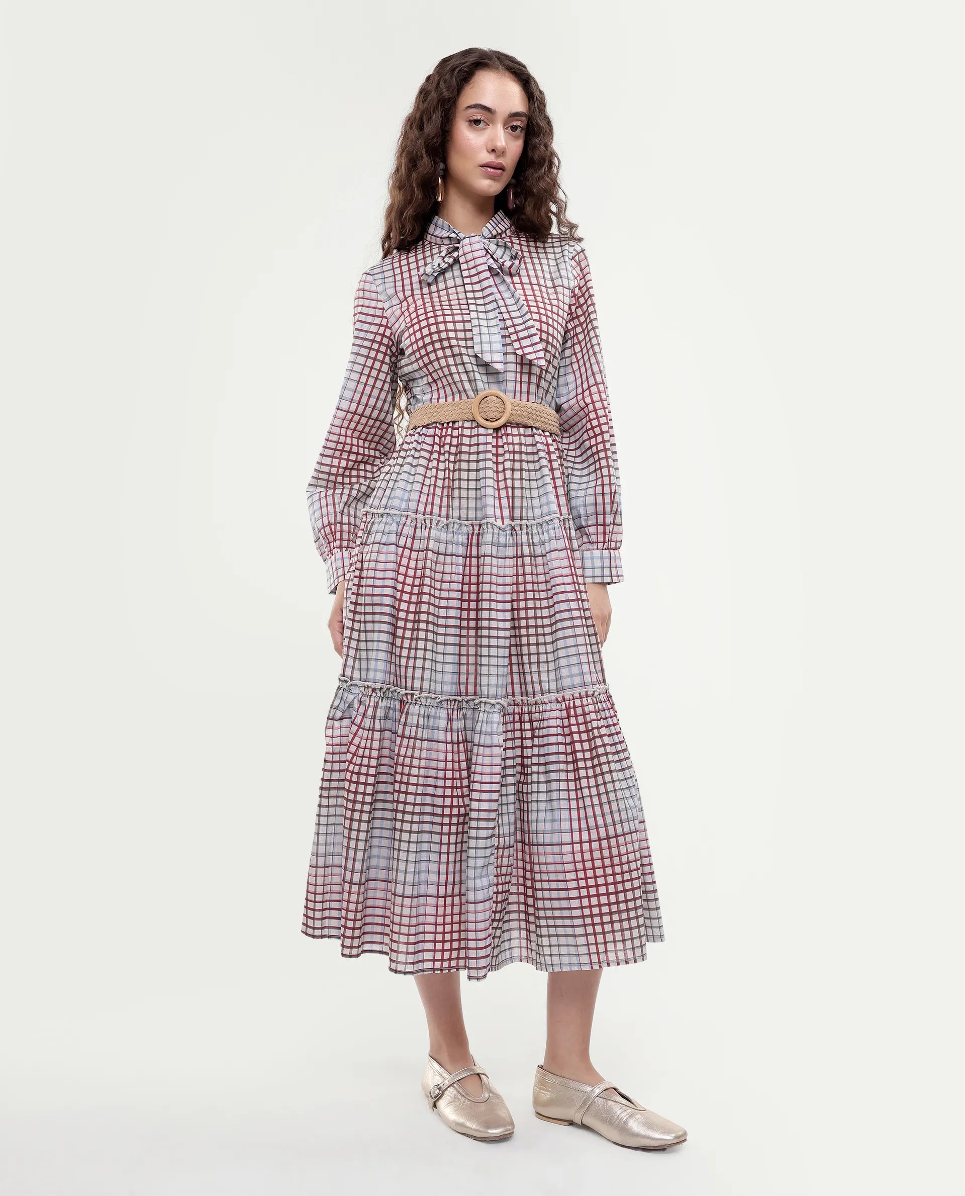Rareism Women's Adilpi Multi Cotton Tie-Up Neck Flannel Print Bishop Sleeve Midi Fit And Flare Dress