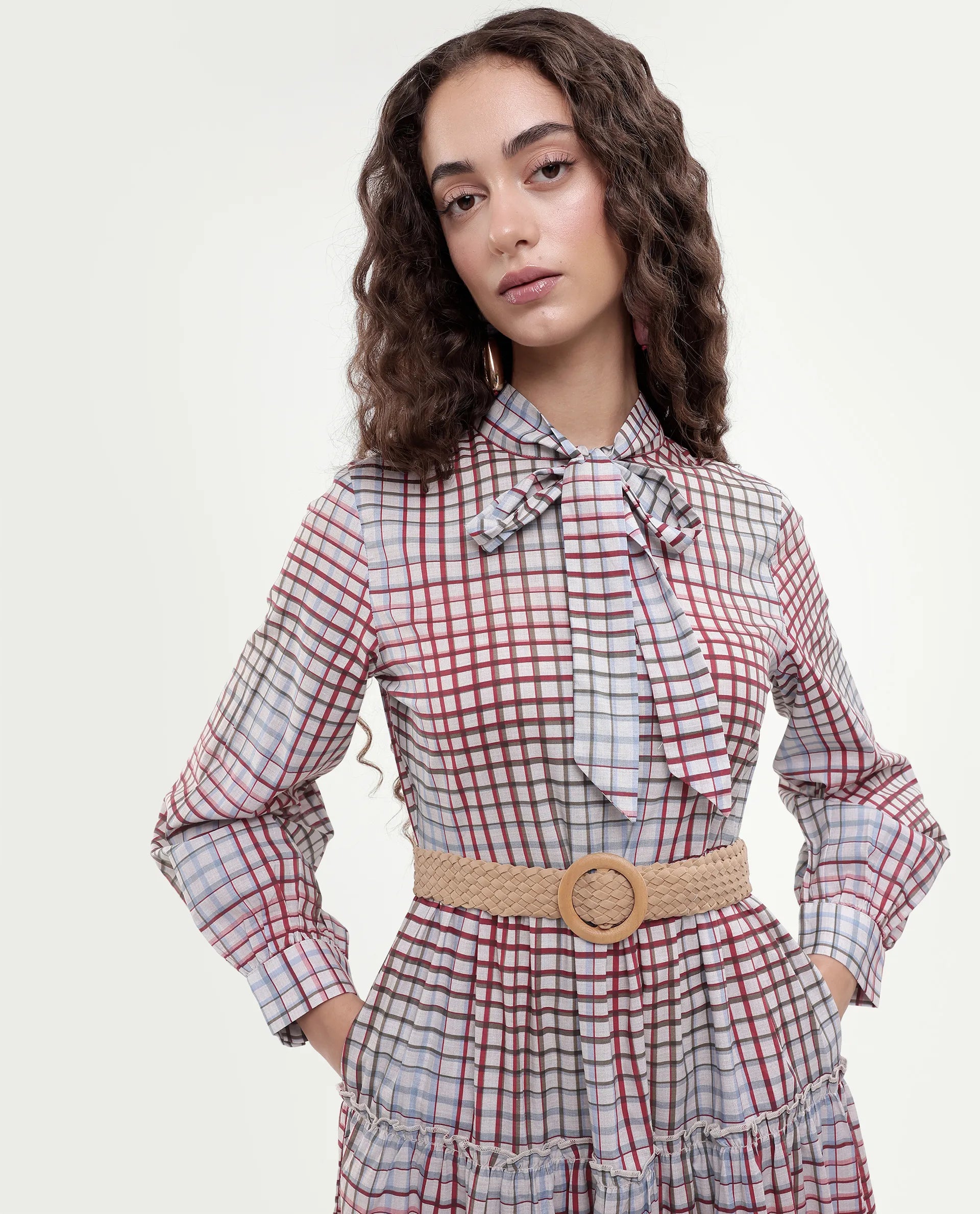 Rareism Women's Adilpi Multi Cotton Tie-Up Neck Flannel Print Bishop Sleeve Midi Fit And Flare Dress