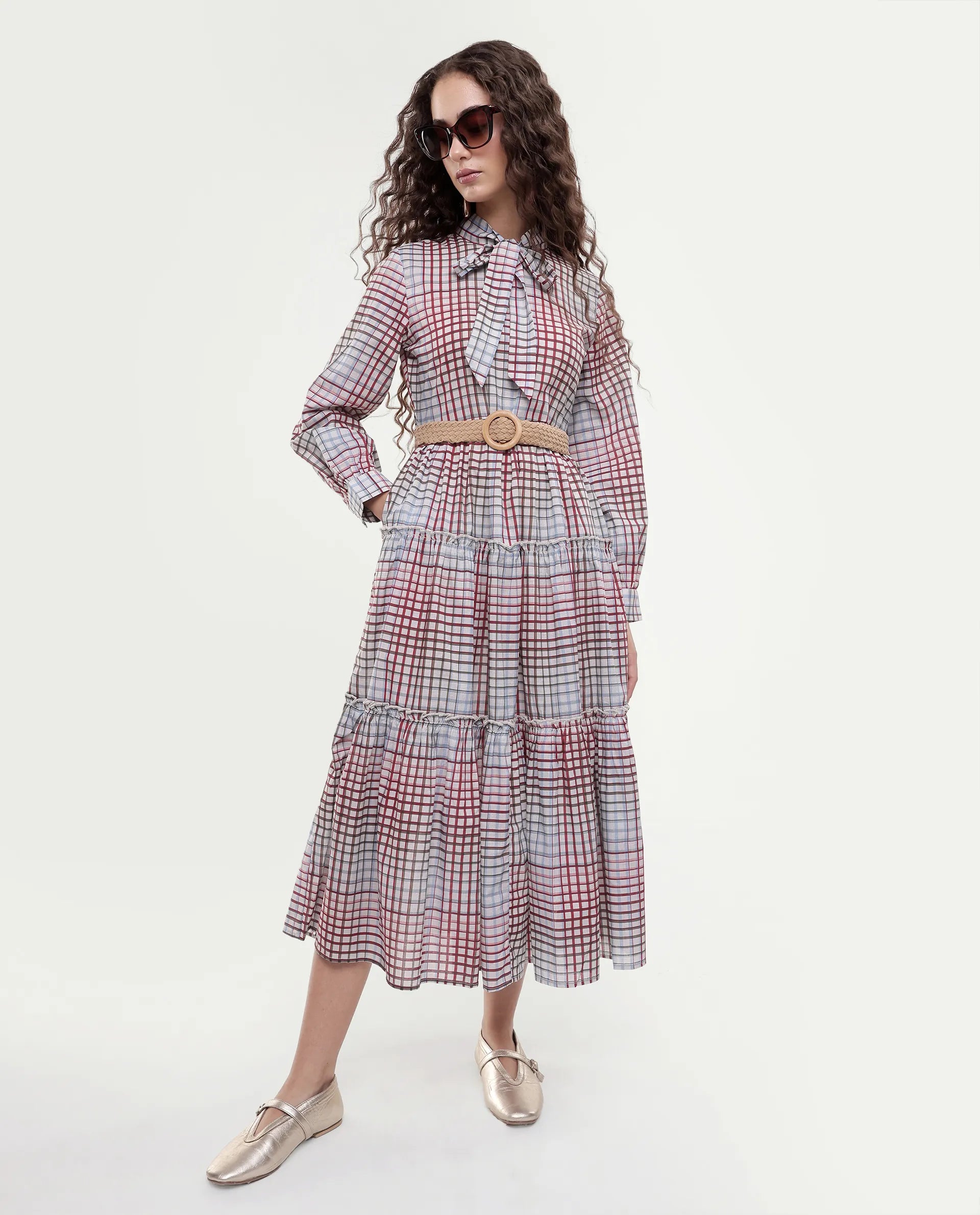 Rareism Women's Adilpi Multi Cotton Tie-Up Neck Flannel Print Bishop Sleeve Midi Fit And Flare Dress