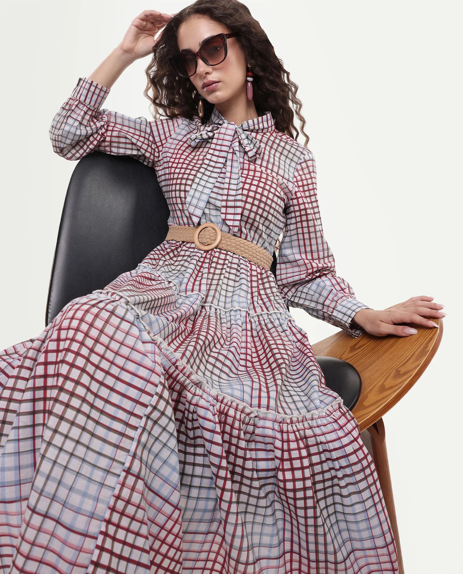 Rareism Women's Adilpi Multi Cotton Tie-Up Neck Flannel Print Bishop Sleeve Midi Fit And Flare Dress