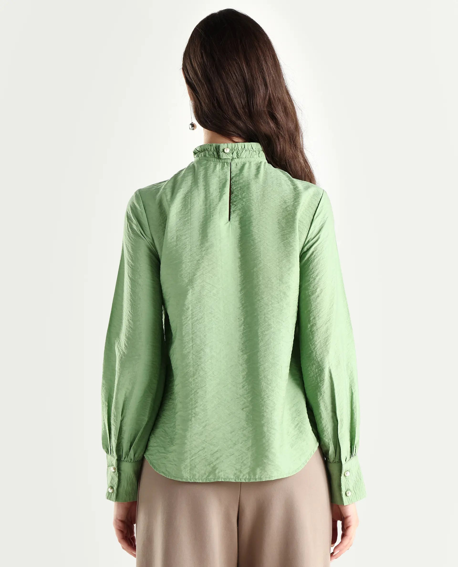 Rareism Women's Charen Light Green Nylon Blend Halter Neck Plain Bishop Sleeve Relaxed Fit Top