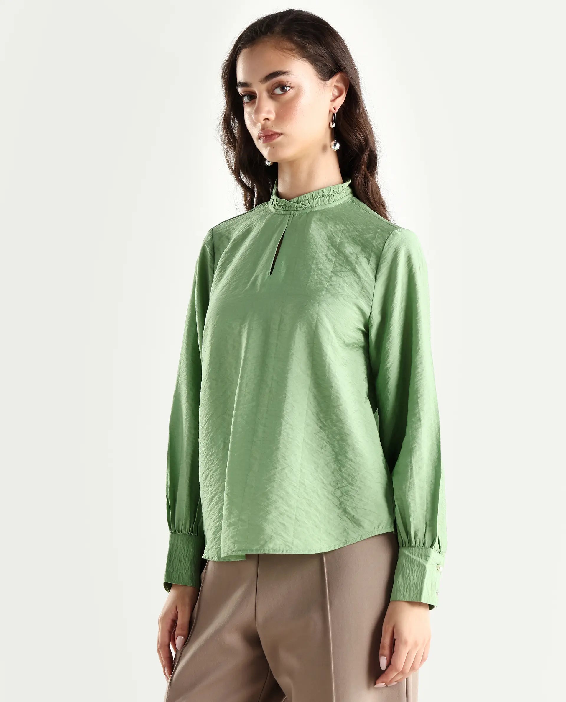 Rareism Women's Charen Light Green Nylon Blend Halter Neck Plain Bishop Sleeve Relaxed Fit Top