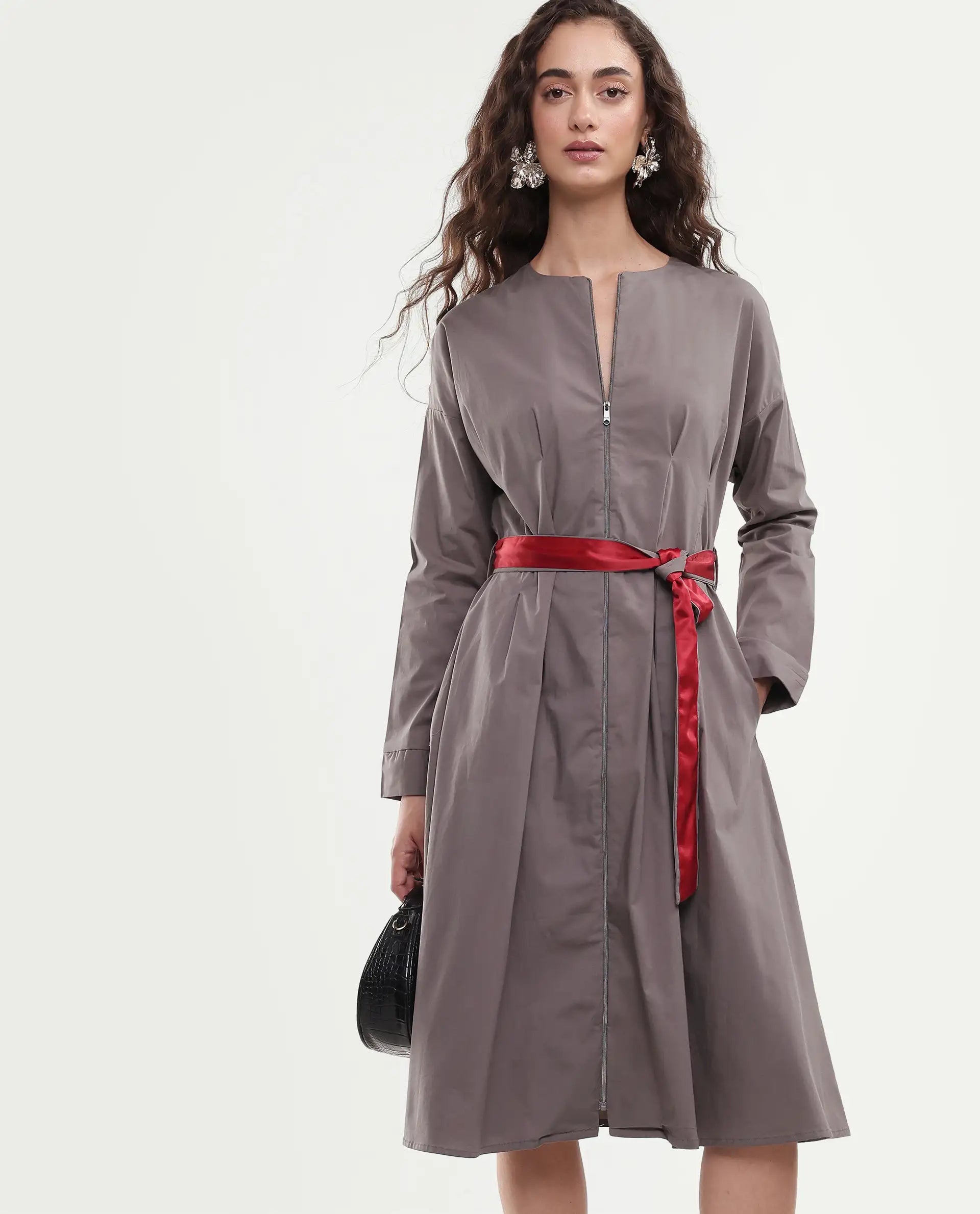 Rareism Women's Cyti Grey Cotton Blend Round Neck Plain Cuffed Sleeve Knee Length Flared Dress