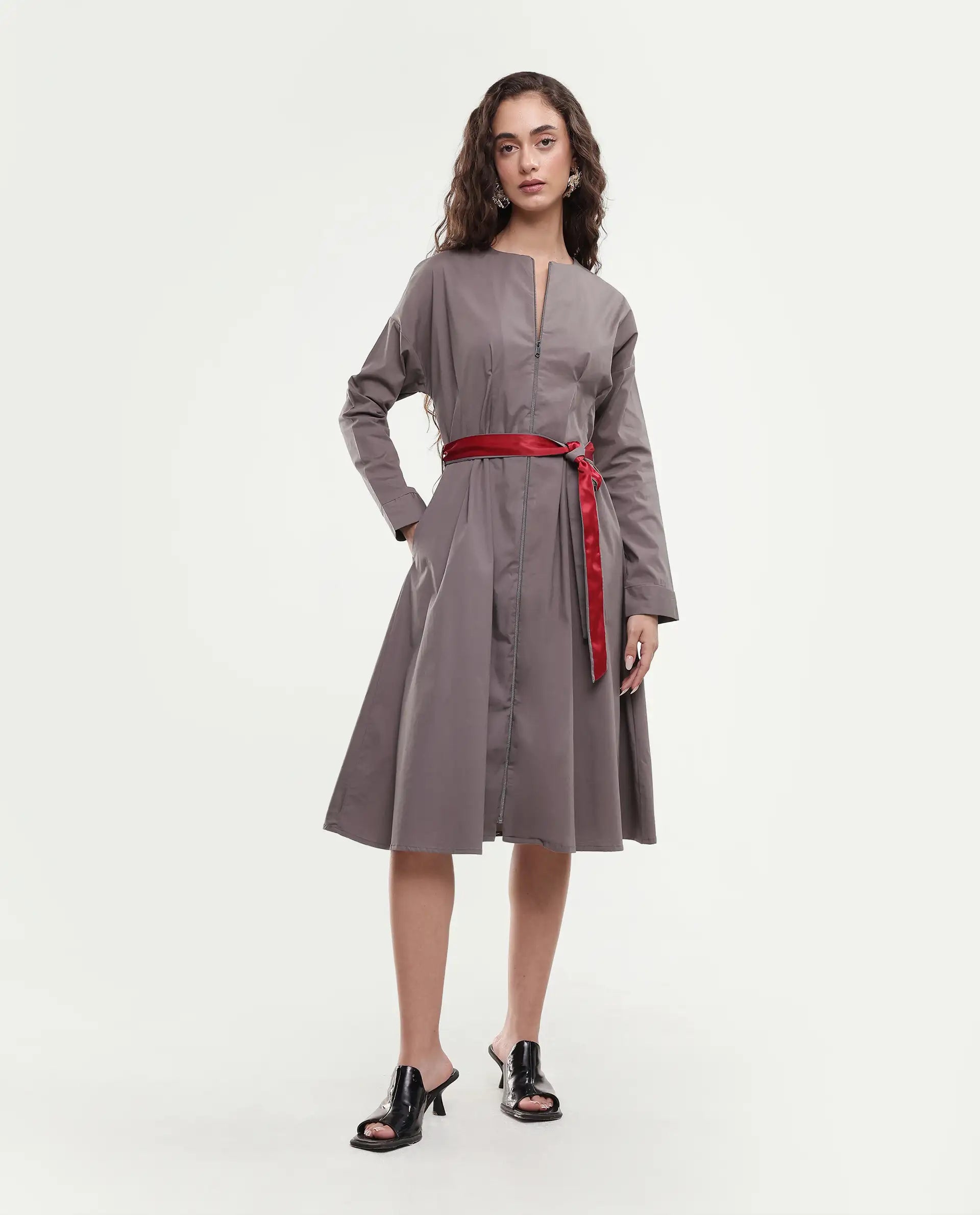 Rareism Women's Cyti Grey Cotton Blend Round Neck Plain Cuffed Sleeve Knee Length Flared Dress