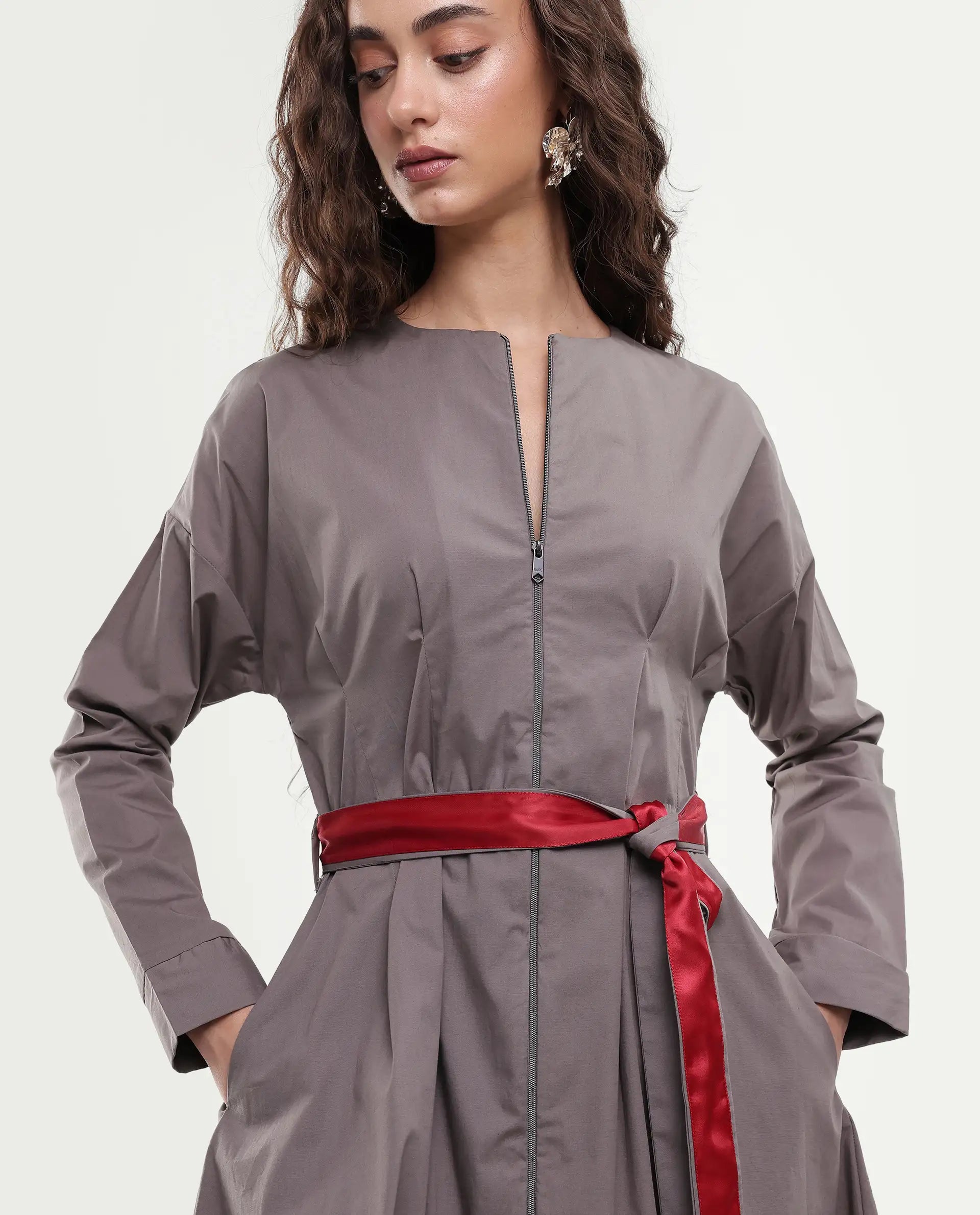 Rareism Women's Cyti Grey Cotton Blend Round Neck Plain Cuffed Sleeve Knee Length Flared Dress