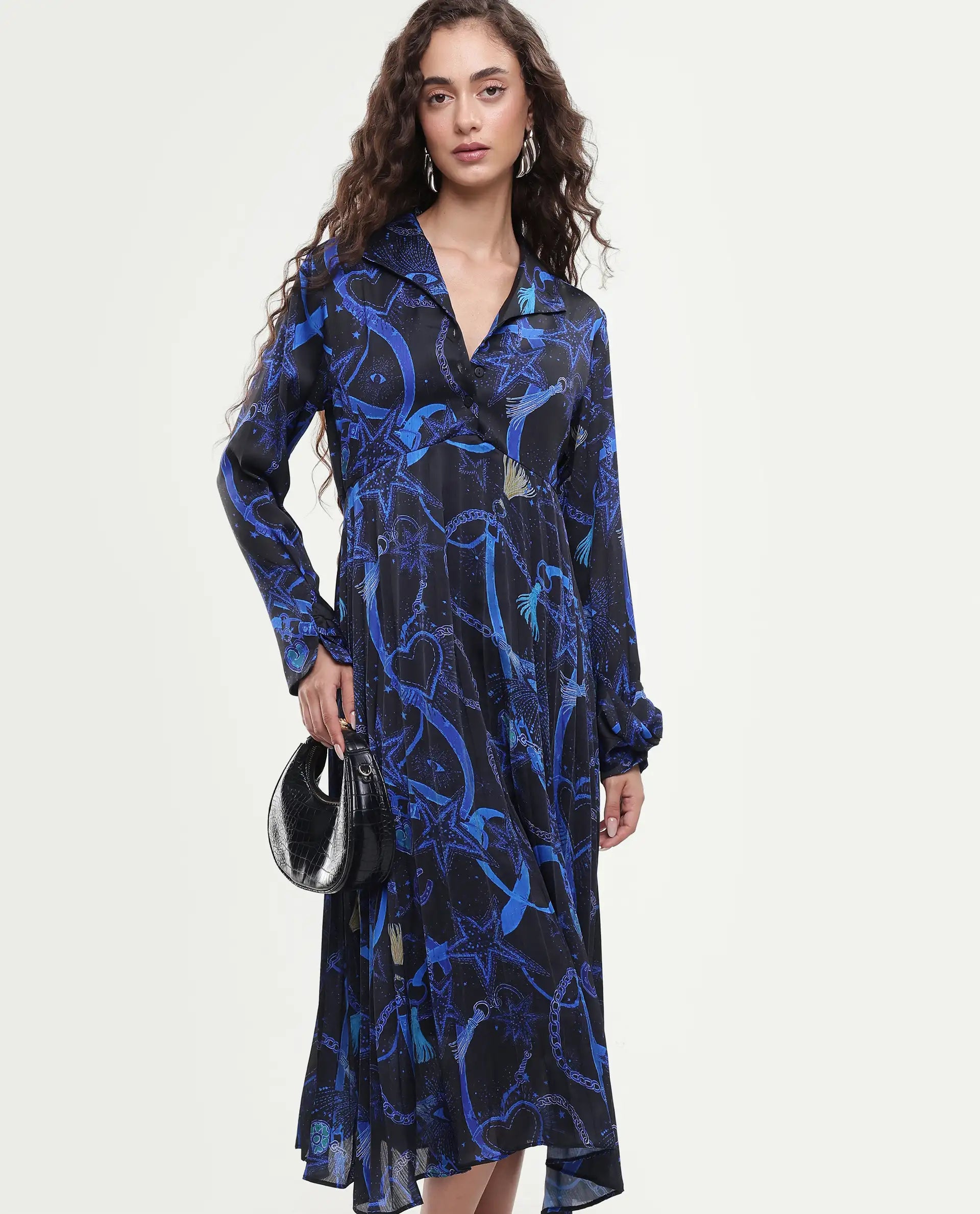 Rareism Women's Romros Dark Multi Satin Drop Collar Abstract Print Cuffed Sleeve Midi Flared Dress