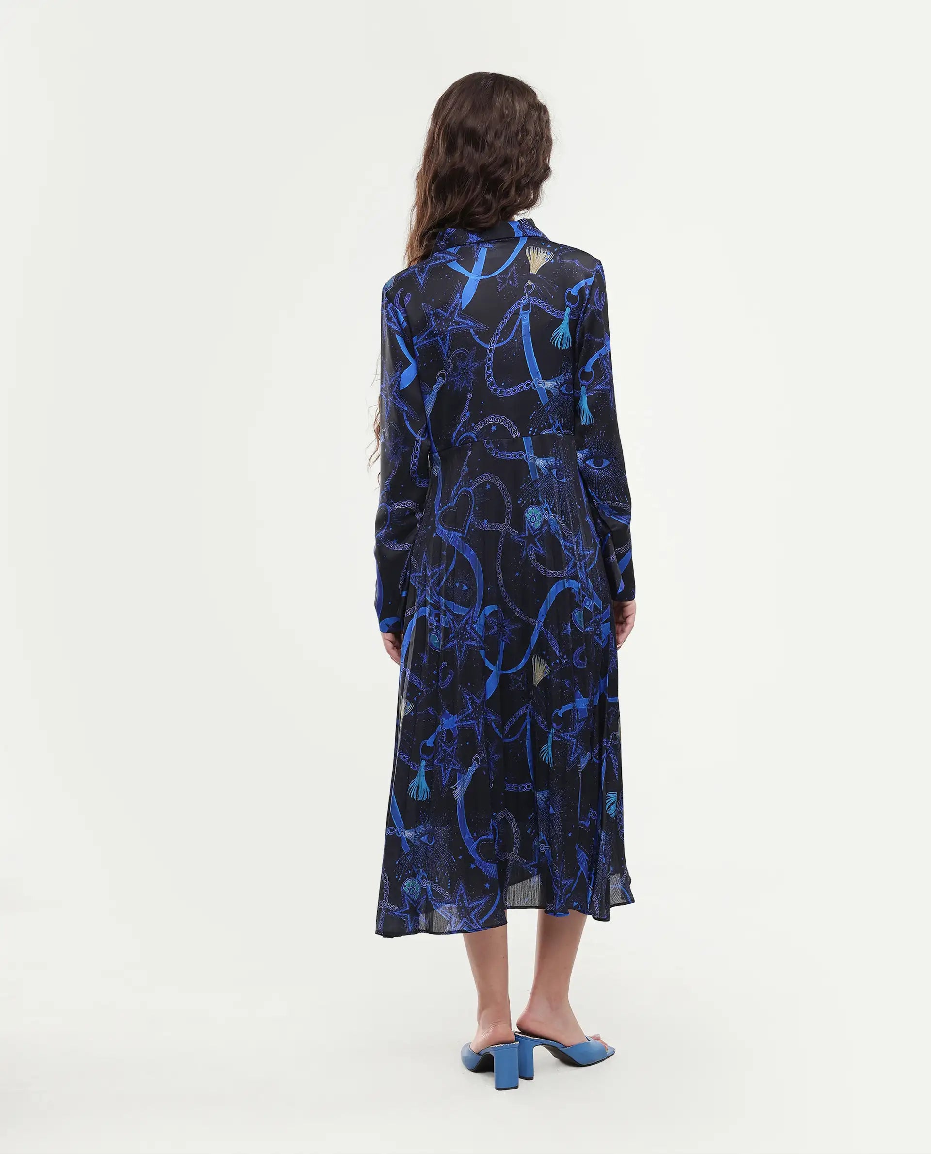 Rareism Women's Romros Dark Multi Satin Drop Collar Abstract Print Cuffed Sleeve Midi Flared Dress