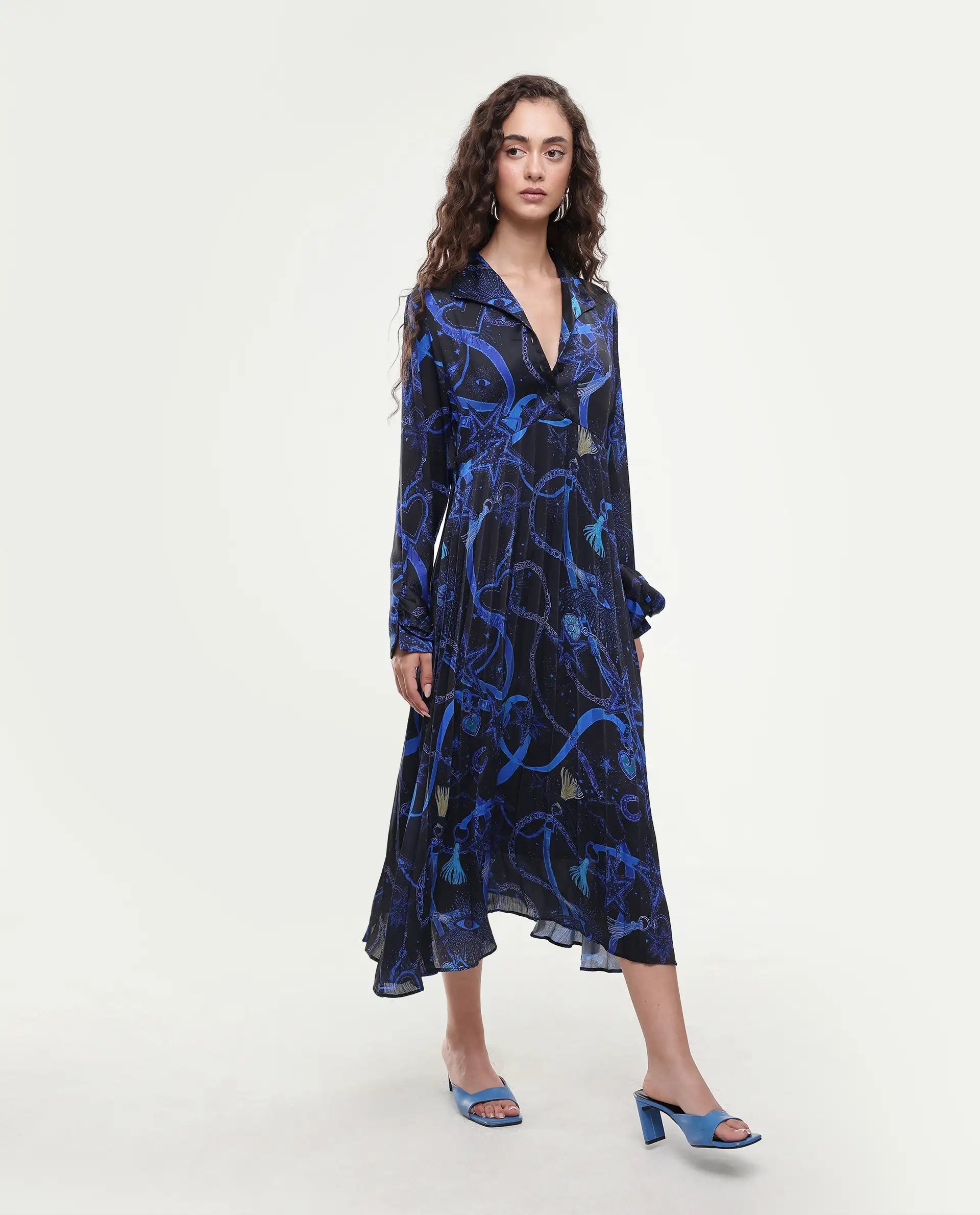 Rareism Women's Romros Dark Multi Satin Drop Collar Abstract Print Cuffed Sleeve Midi Flared Dress