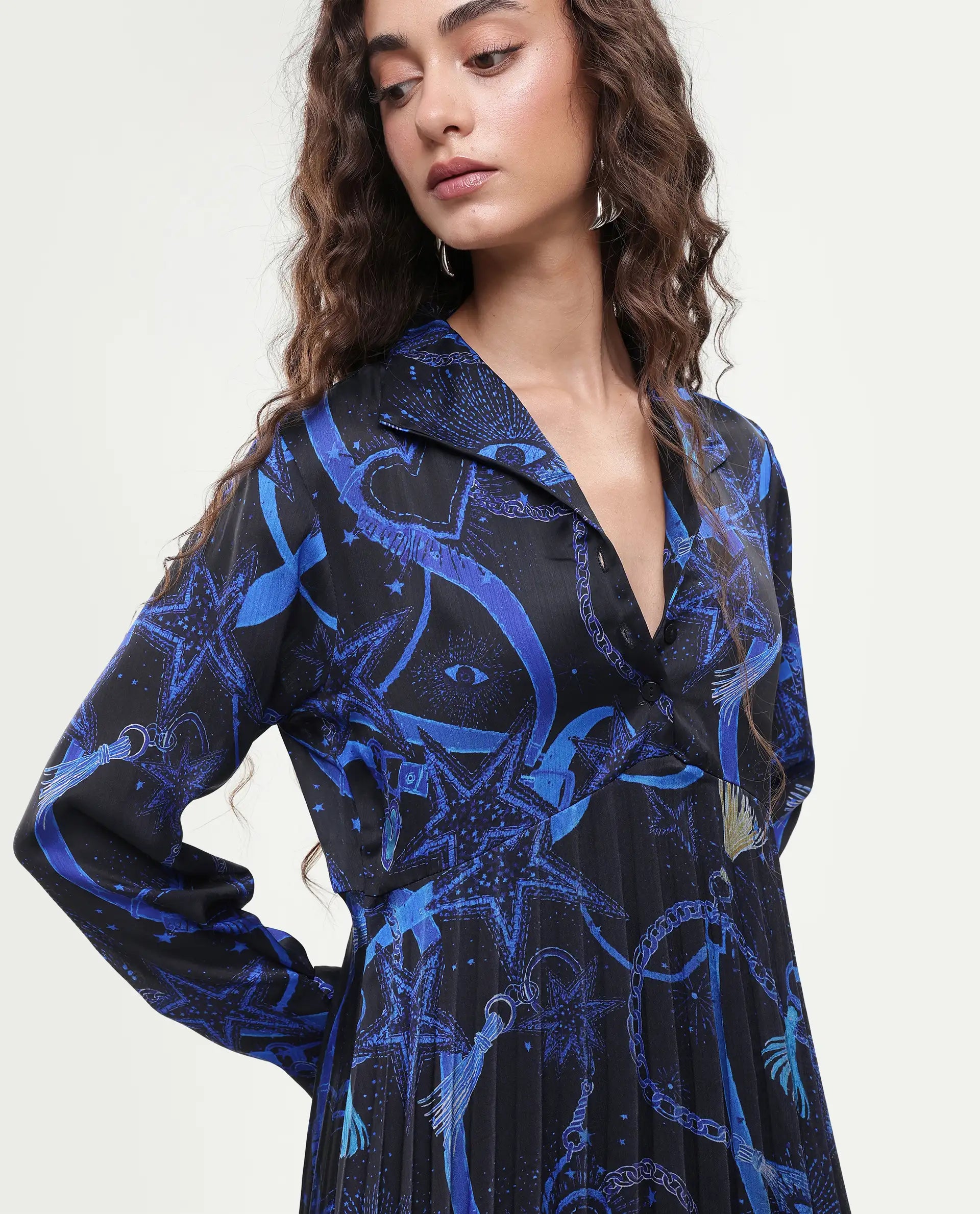 Rareism Women's Romros Dark Multi Satin Drop Collar Abstract Print Cuffed Sleeve Midi Flared Dress
