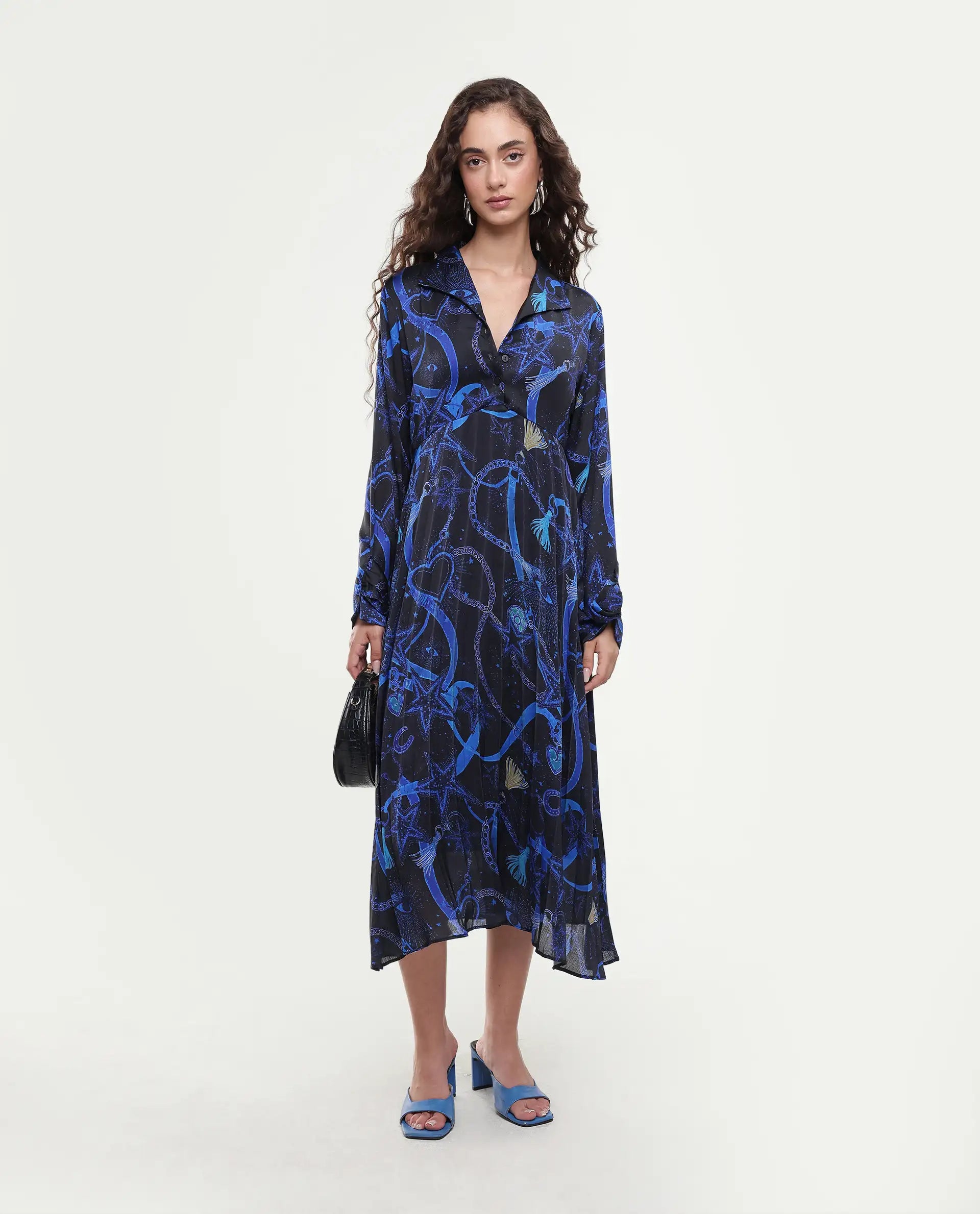 Rareism Women's Romros Dark Multi Satin Drop Collar Abstract Print Cuffed Sleeve Midi Flared Dress