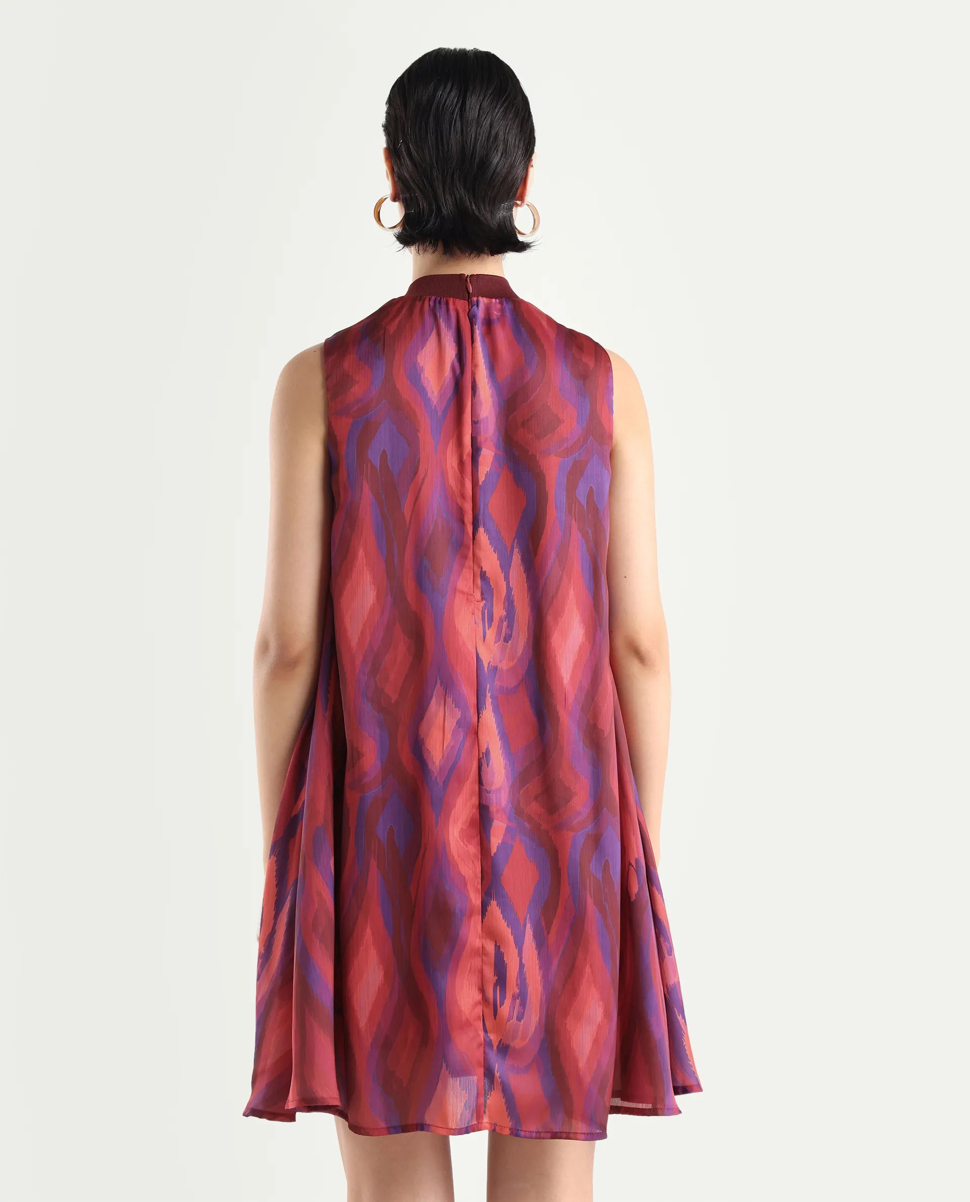 Rareism Women's Yaden Multi Satin Turtle Neck Abstract Print Sleeveless Knee Length Flared Dress