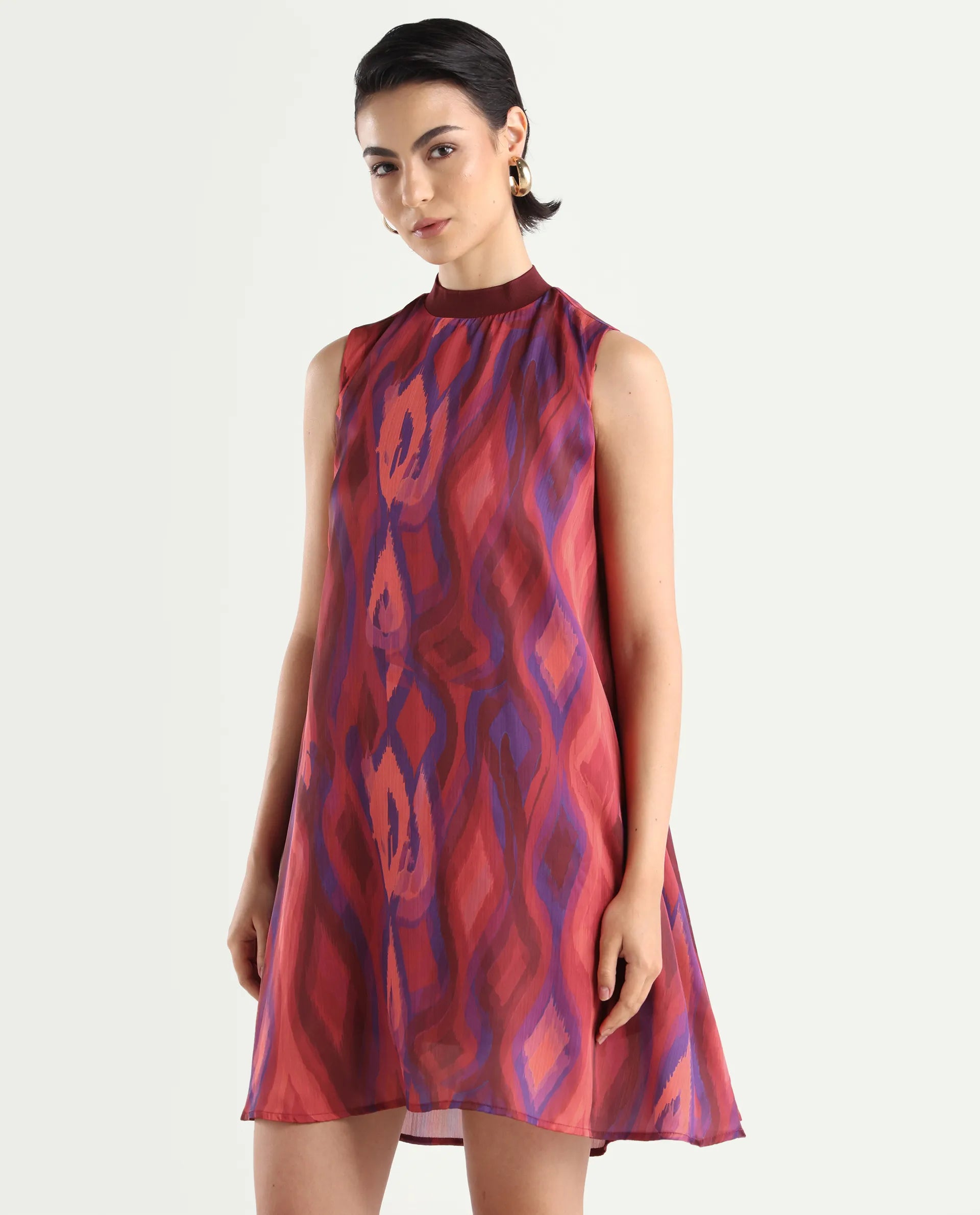 Rareism Women's Yaden Multi Satin Turtle Neck Abstract Print Sleeveless Knee Length Flared Dress