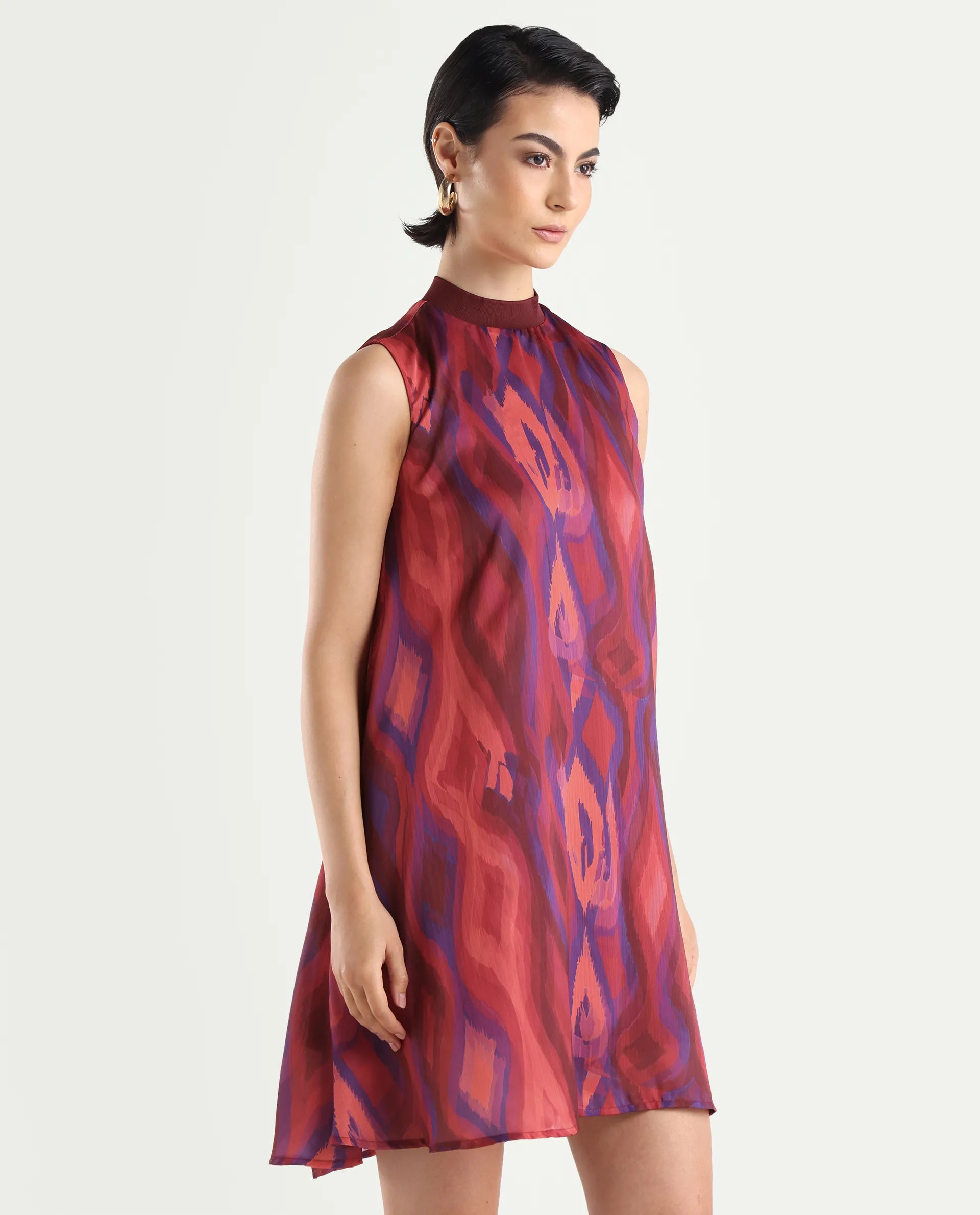 Rareism Women's Yaden Multi Satin Turtle Neck Abstract Print Sleeveless Knee Length Flared Dress