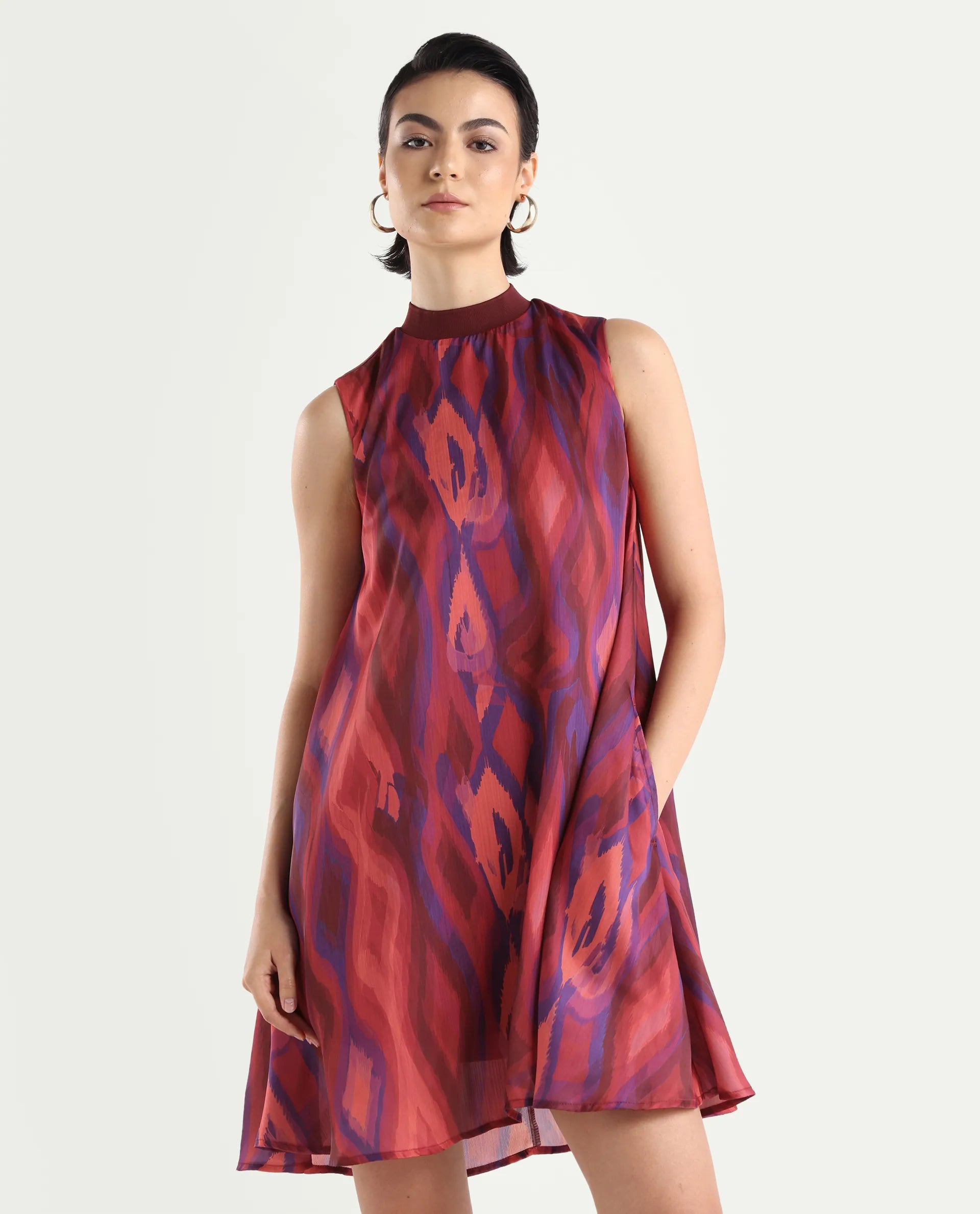 Rareism Women's Yaden Multi Satin Turtle Neck Abstract Print Sleeveless Knee Length Flared Dress