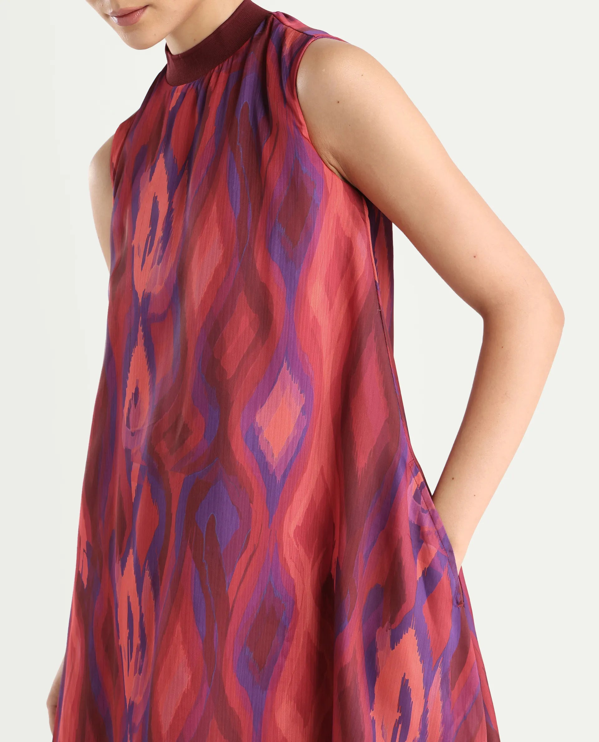 Rareism Women's Yaden Multi Satin Turtle Neck Abstract Print Sleeveless Knee Length Flared Dress