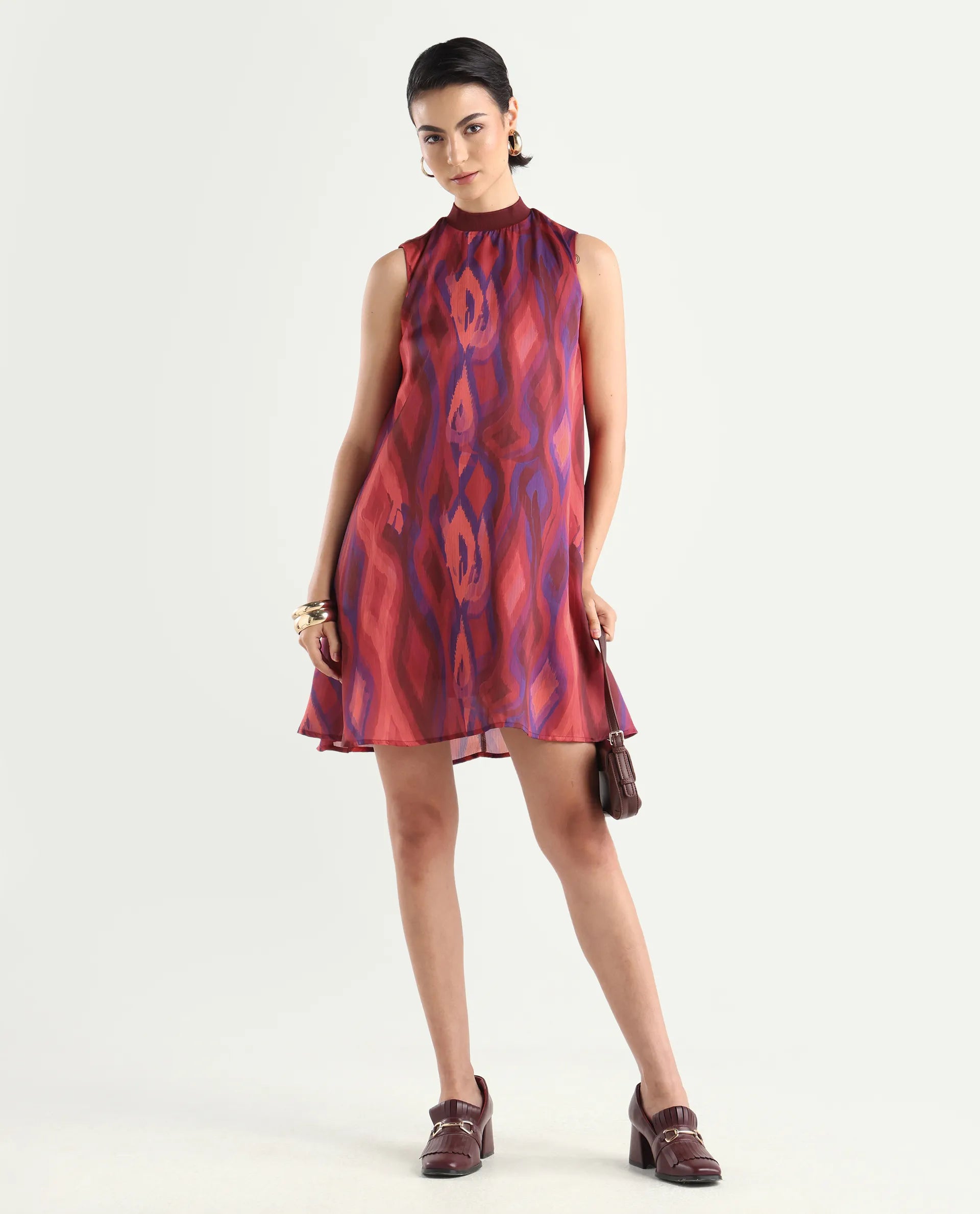 Rareism Women's Yaden Multi Satin Turtle Neck Abstract Print Sleeveless Knee Length Flared Dress