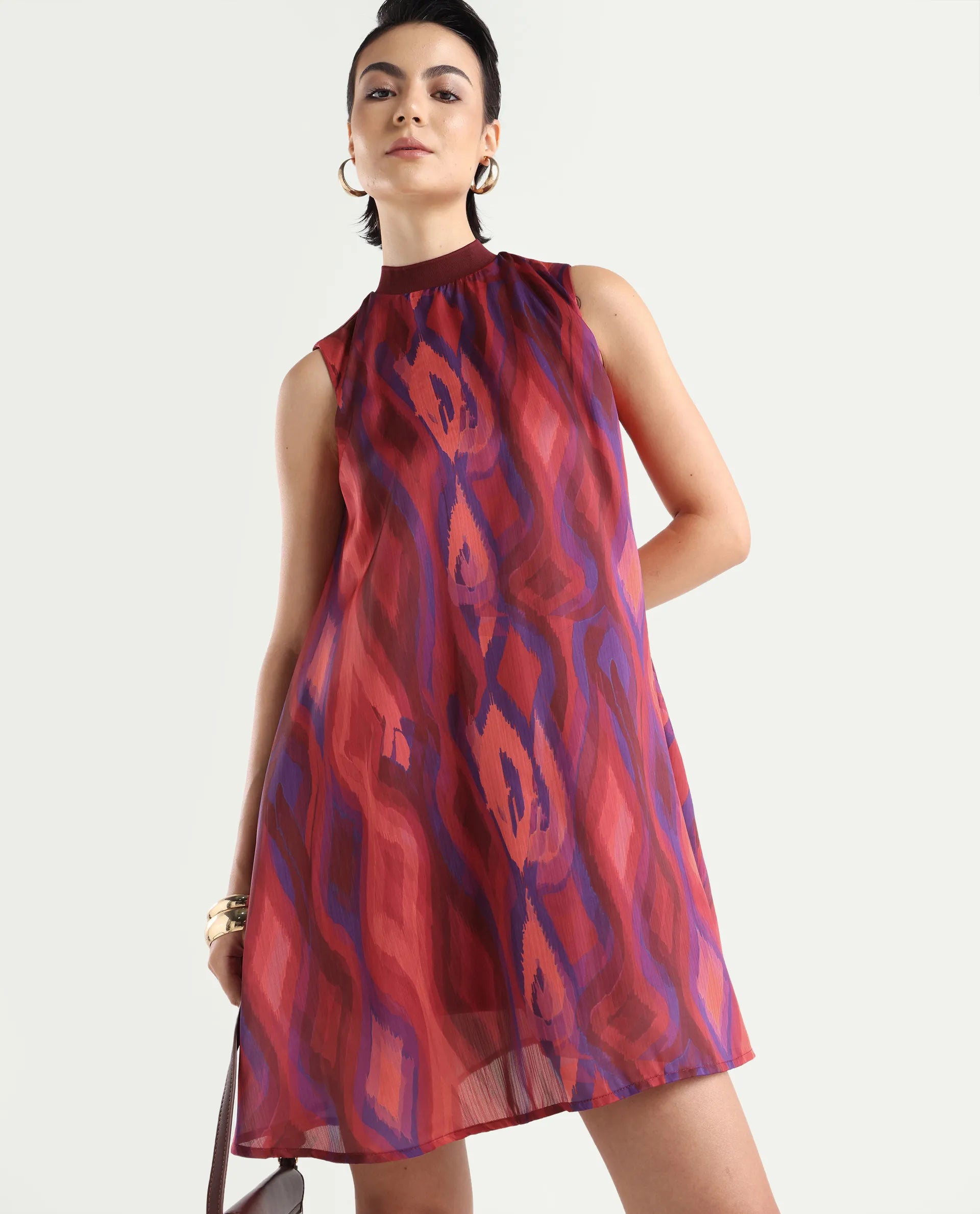 Rareism Women's Yaden Multi Satin Turtle Neck Abstract Print Sleeveless Knee Length Flared Dress