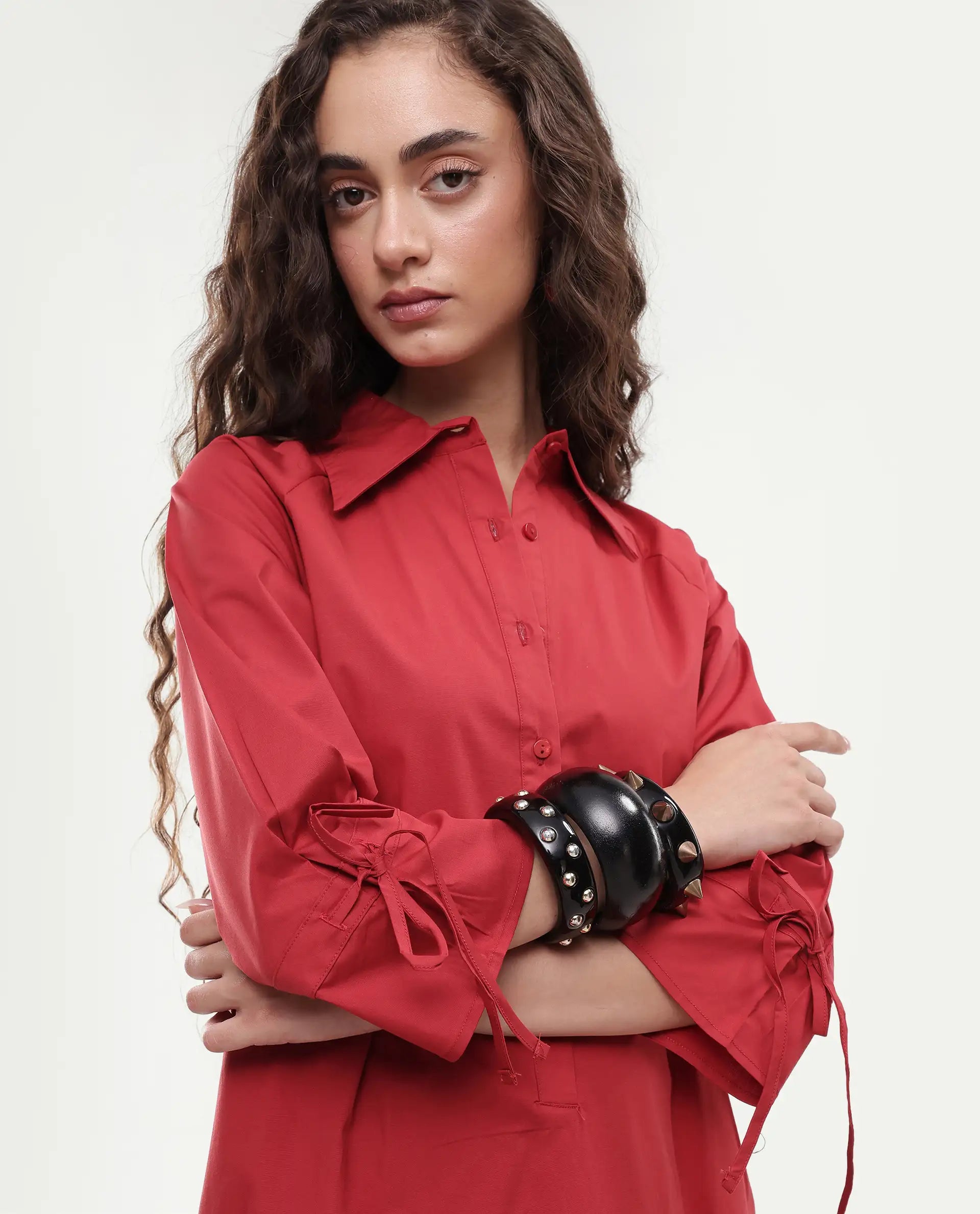 Rareism Women's Junb Dark Rust Cotton Blend Drop Collar Plain Raglan Sleeve Knee Length A-Line Dress