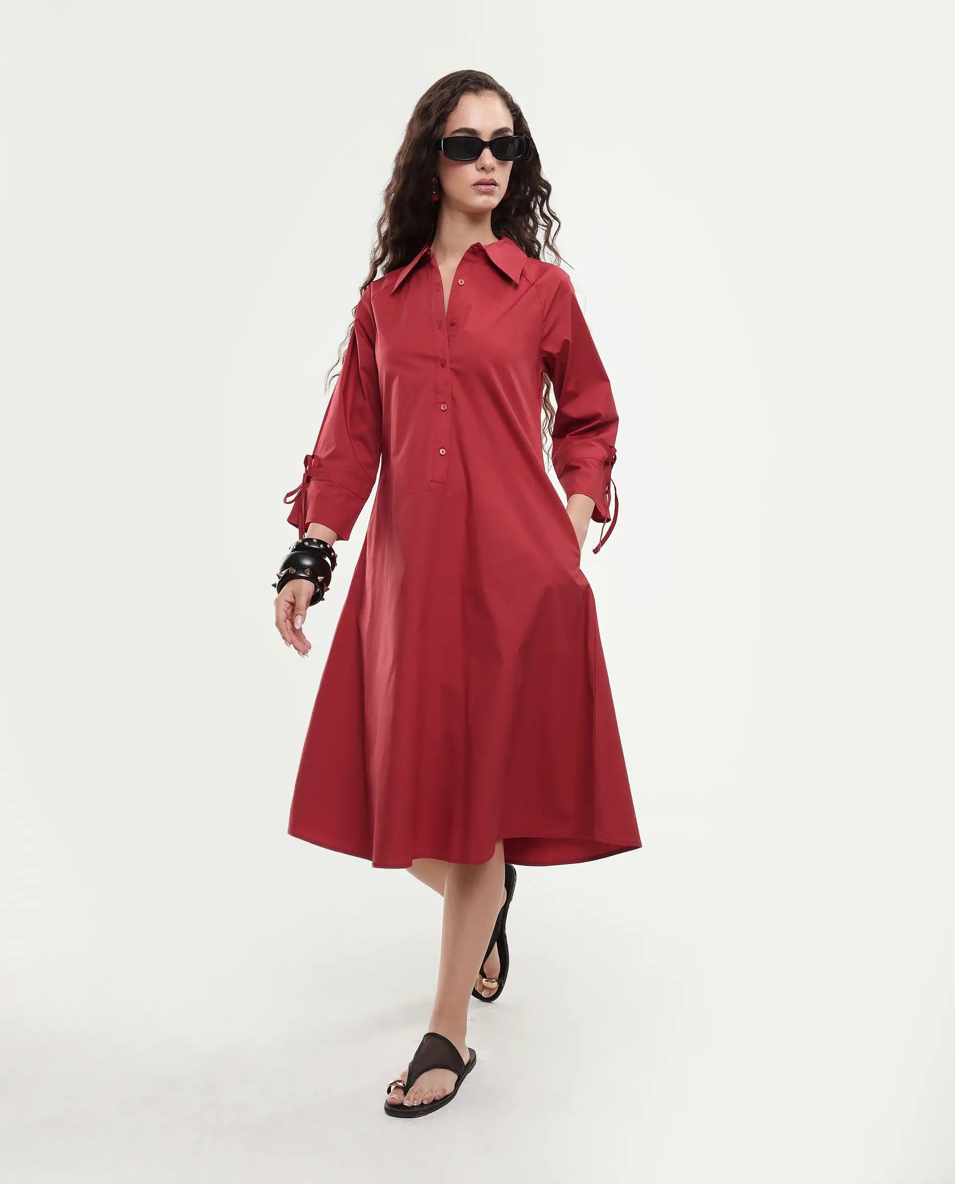 Rareism Women's Junb Dark Rust Cotton Blend Drop Collar Plain Raglan Sleeve Knee Length A-Line Dress