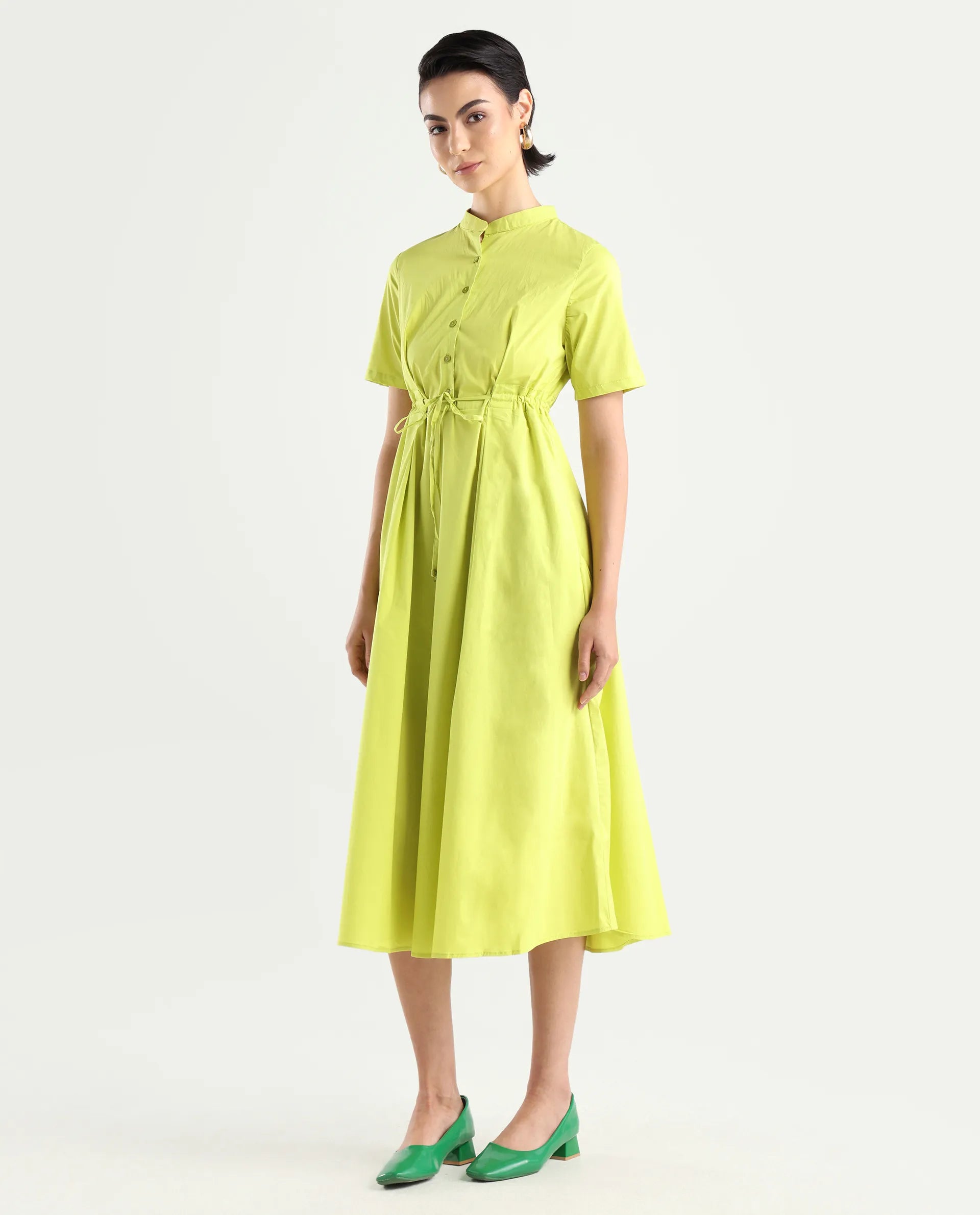 Rareism Women's Rokl Green Cotton Blend Mandarin Collar Plain Midi Flared Dress