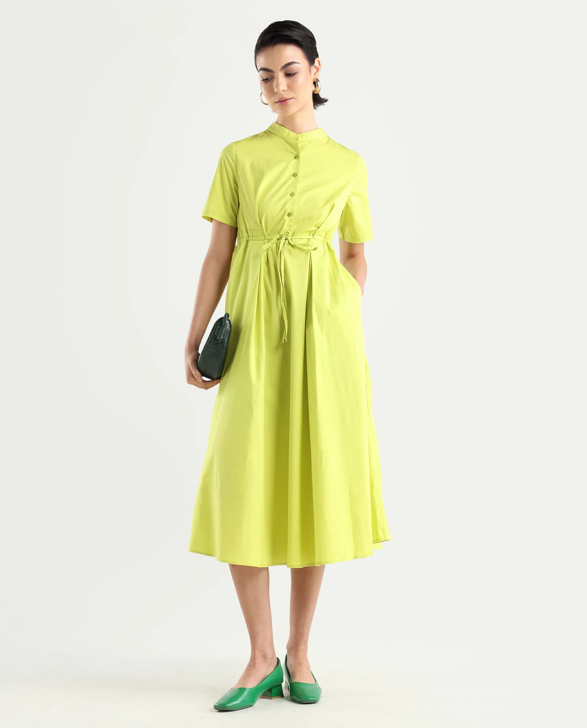 Rareism Women's Rokl Green Cotton Blend Mandarin Collar Plain Midi Flared Dress