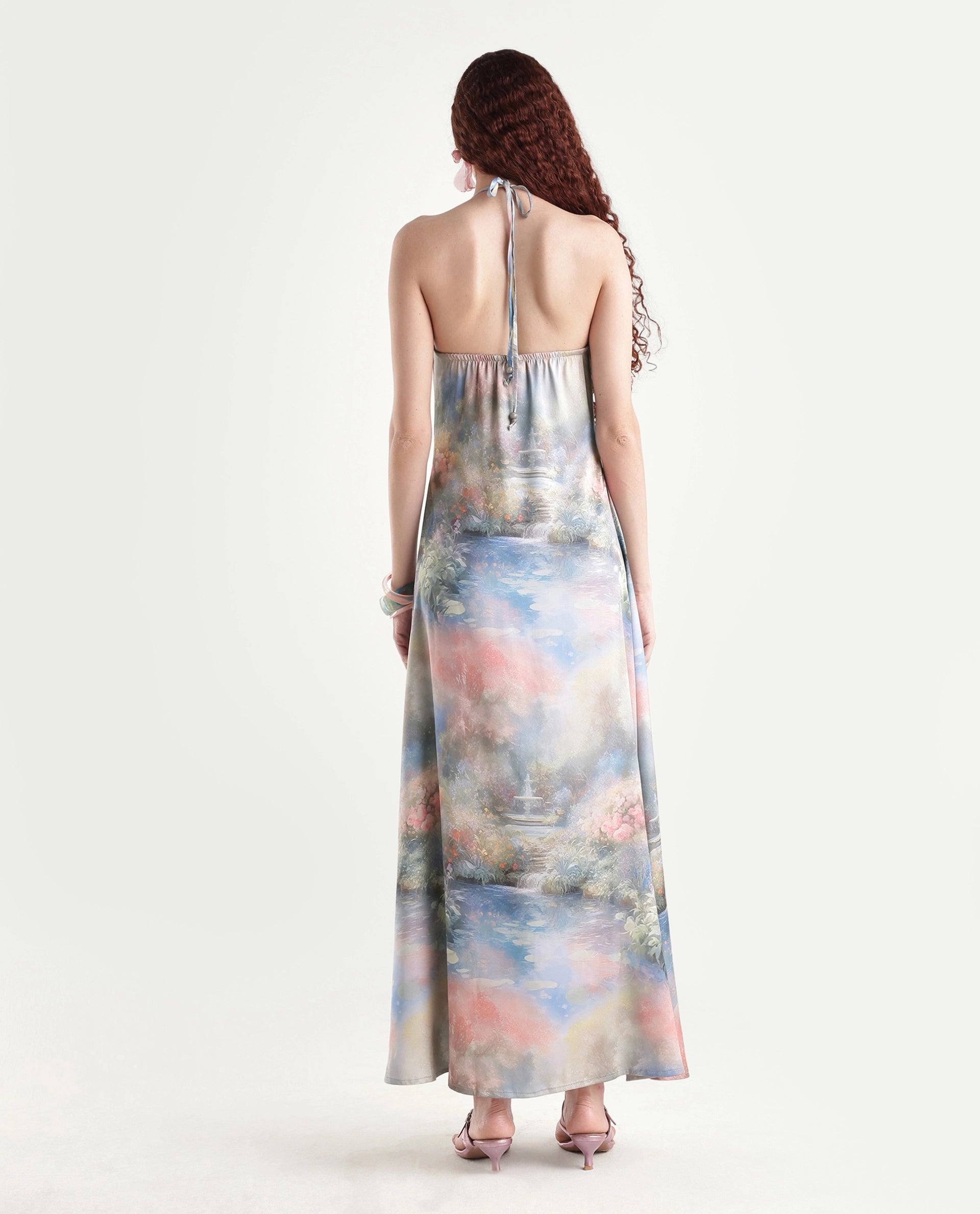 Rareism Women's Villeur Multi Satin Cowl Neck Floral Print Sleeveless Maxi Flared Dress