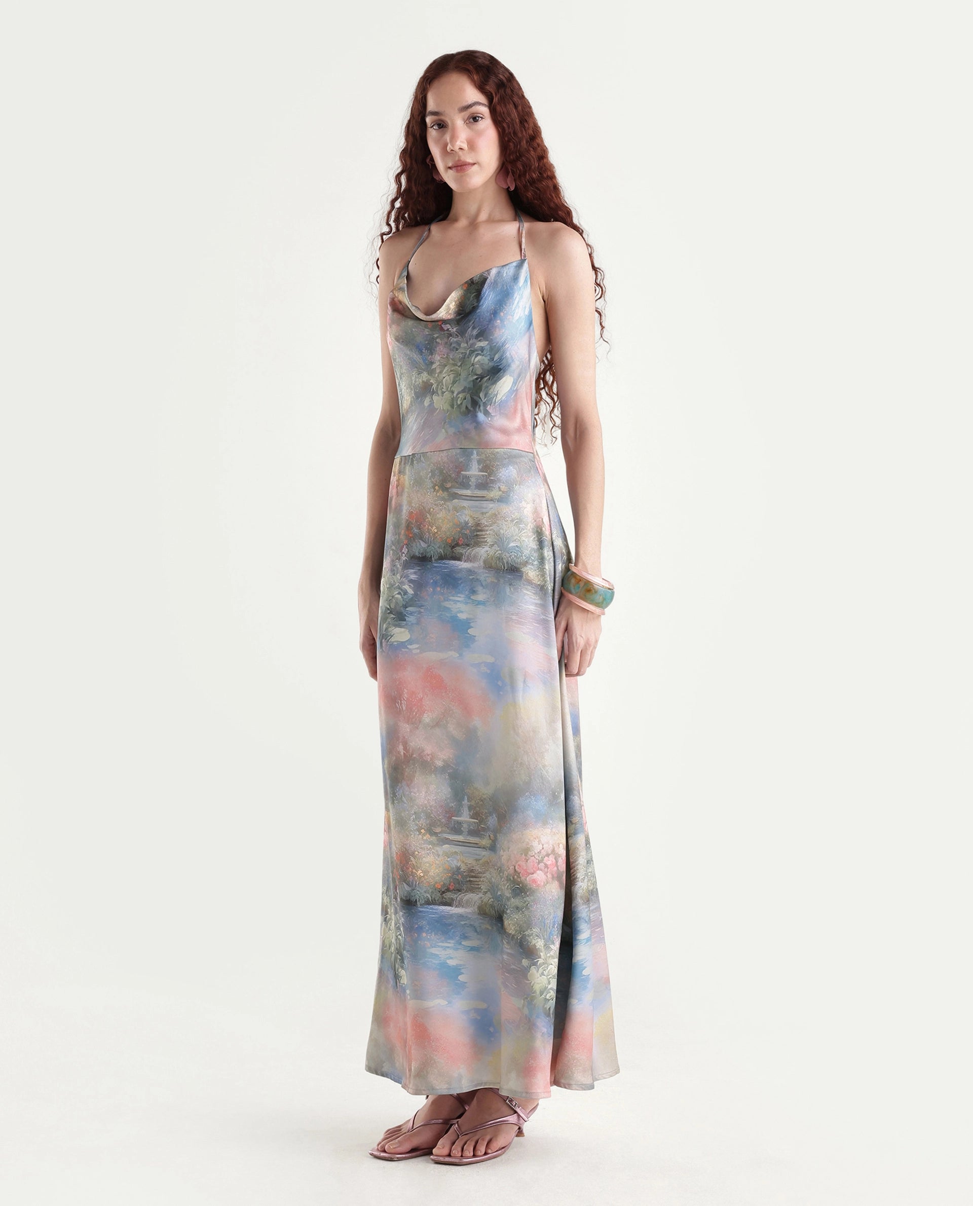 Rareism Women's Villeur Multi Satin Cowl Neck Floral Print Sleeveless Maxi Flared Dress