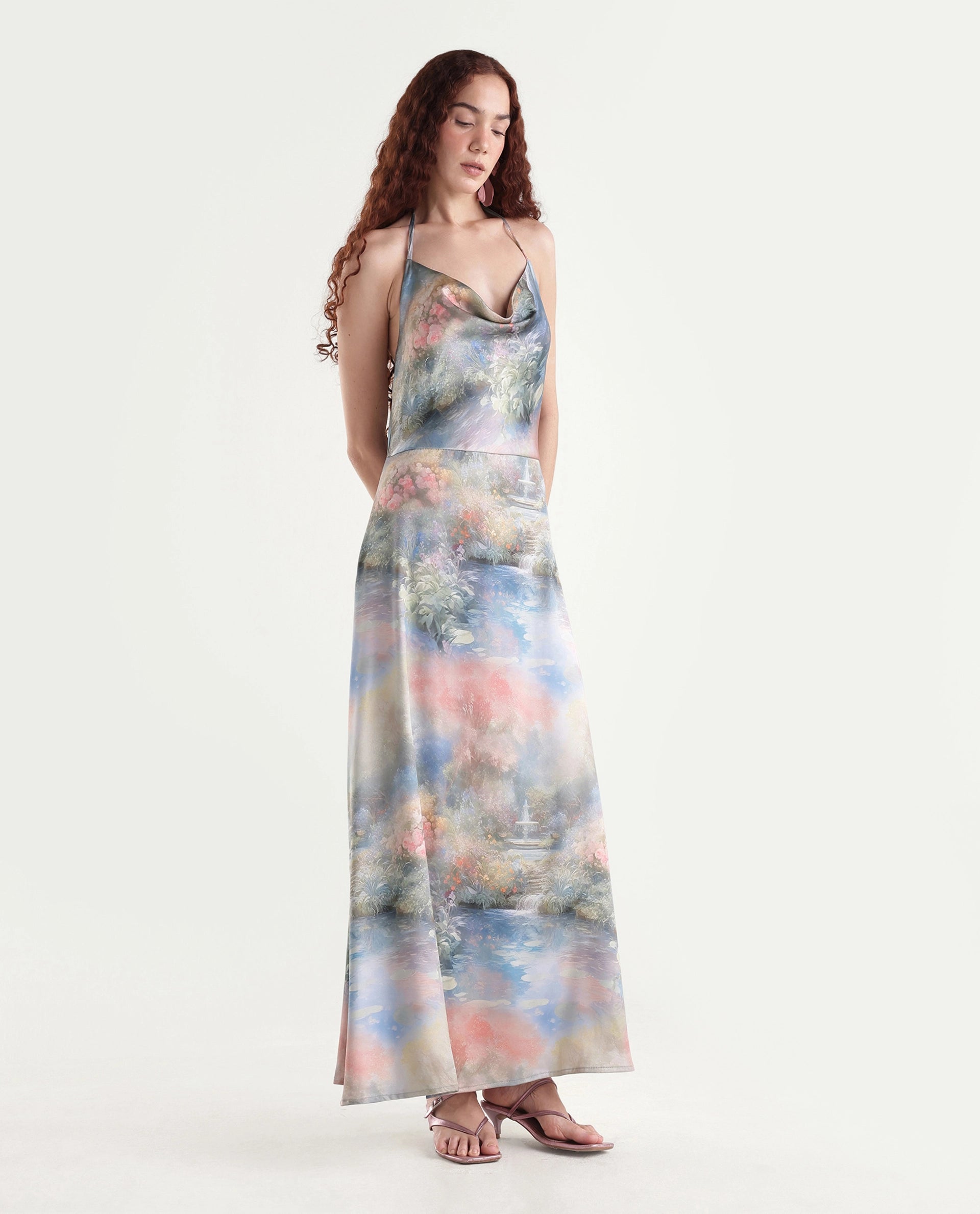 Rareism Women's Villeur Multi Satin Cowl Neck Floral Print Sleeveless Maxi Flared Dress