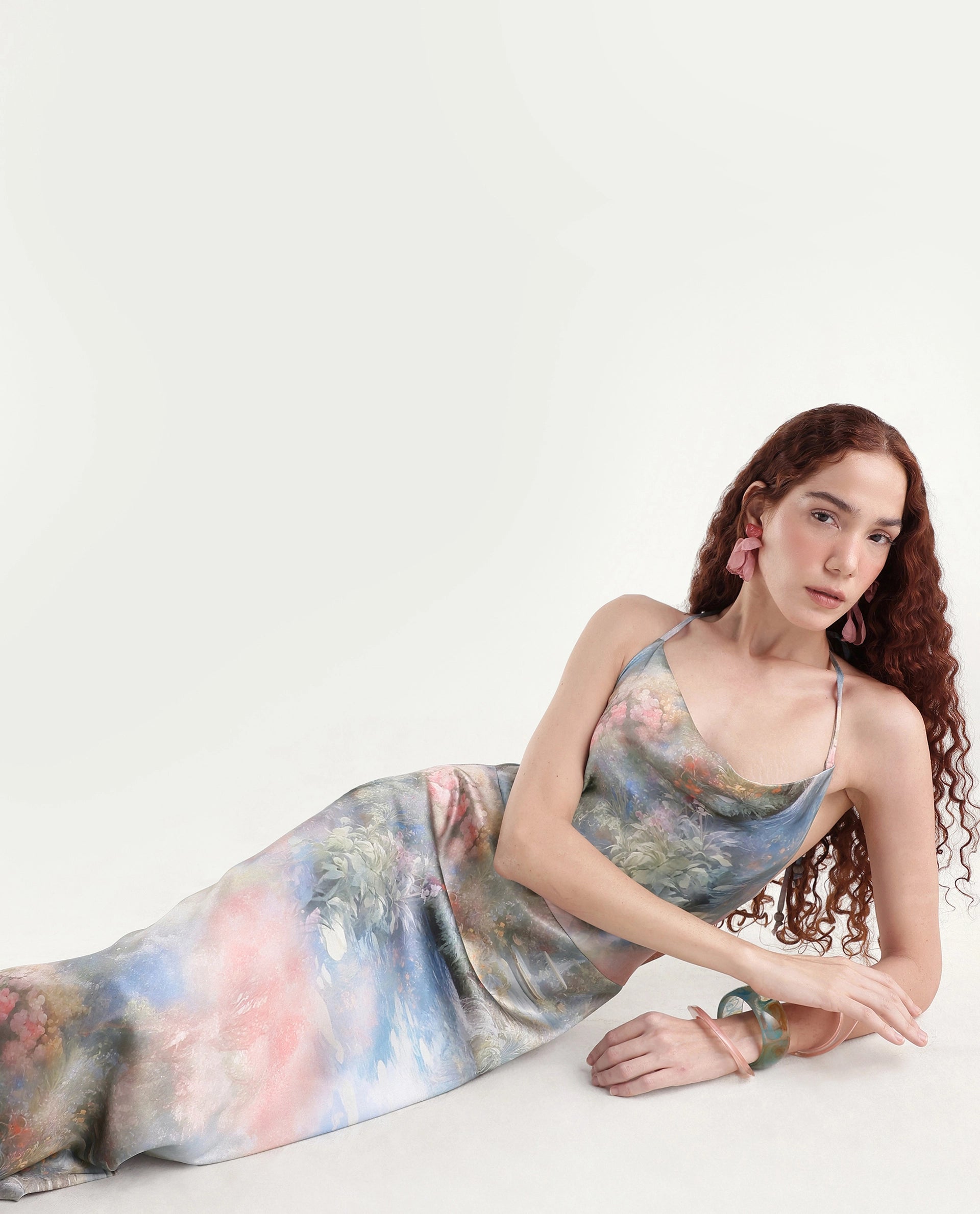 Rareism Women's Villeur Multi Satin Cowl Neck Floral Print Sleeveless Maxi Flared Dress