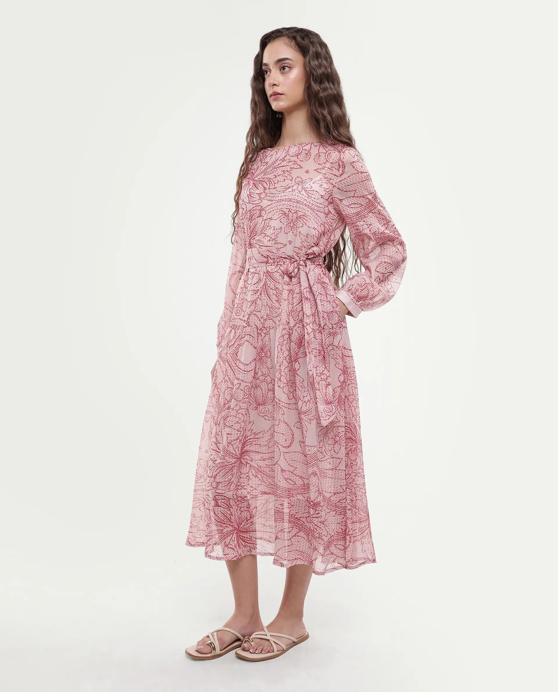 Rareism Women's Polima Multi Cotton Round Neck Abstract Print Bishop Sleeve Midi Flared Dress