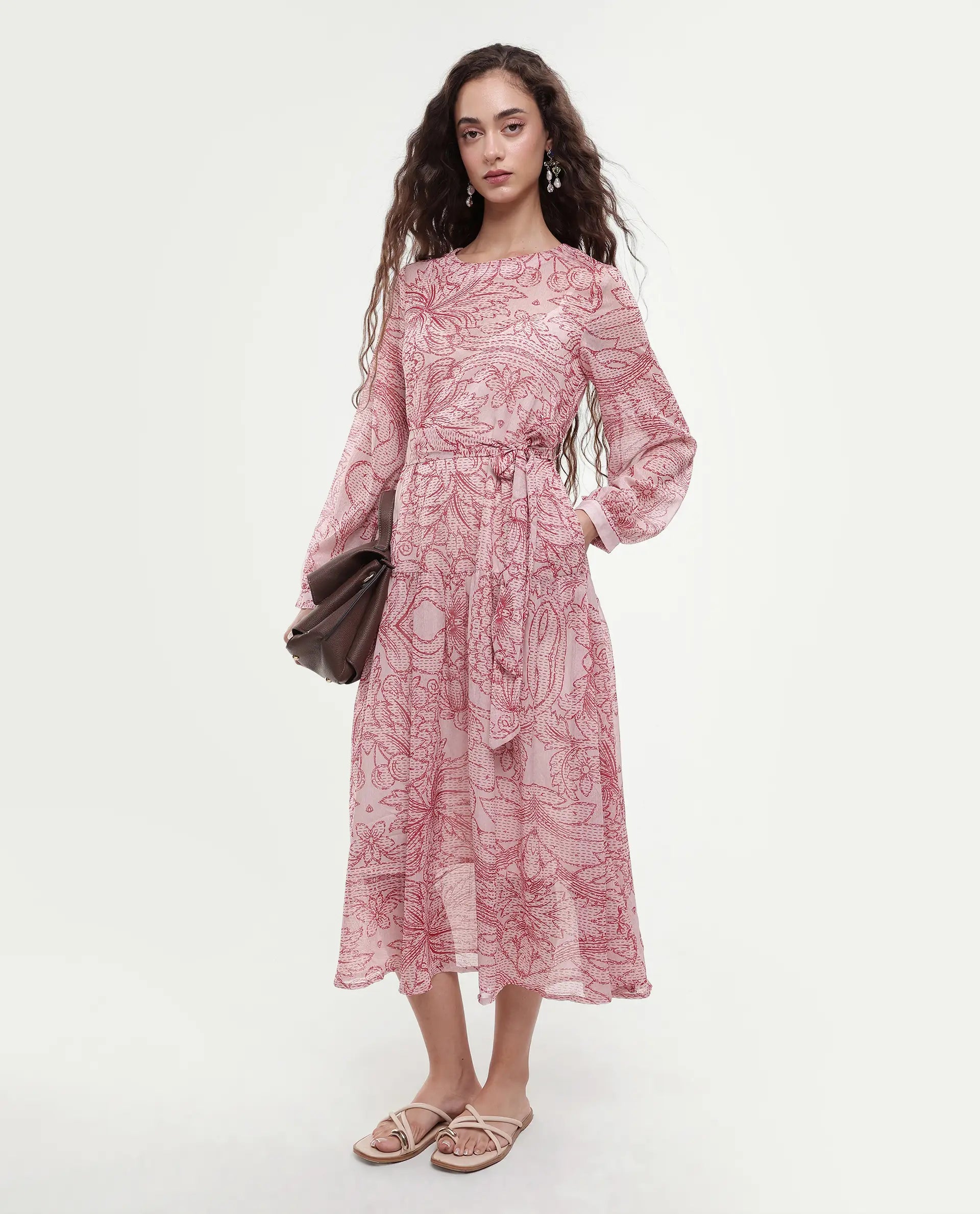 Rareism Women's Polima Multi Cotton Round Neck Abstract Print Bishop Sleeve Midi Flared Dress