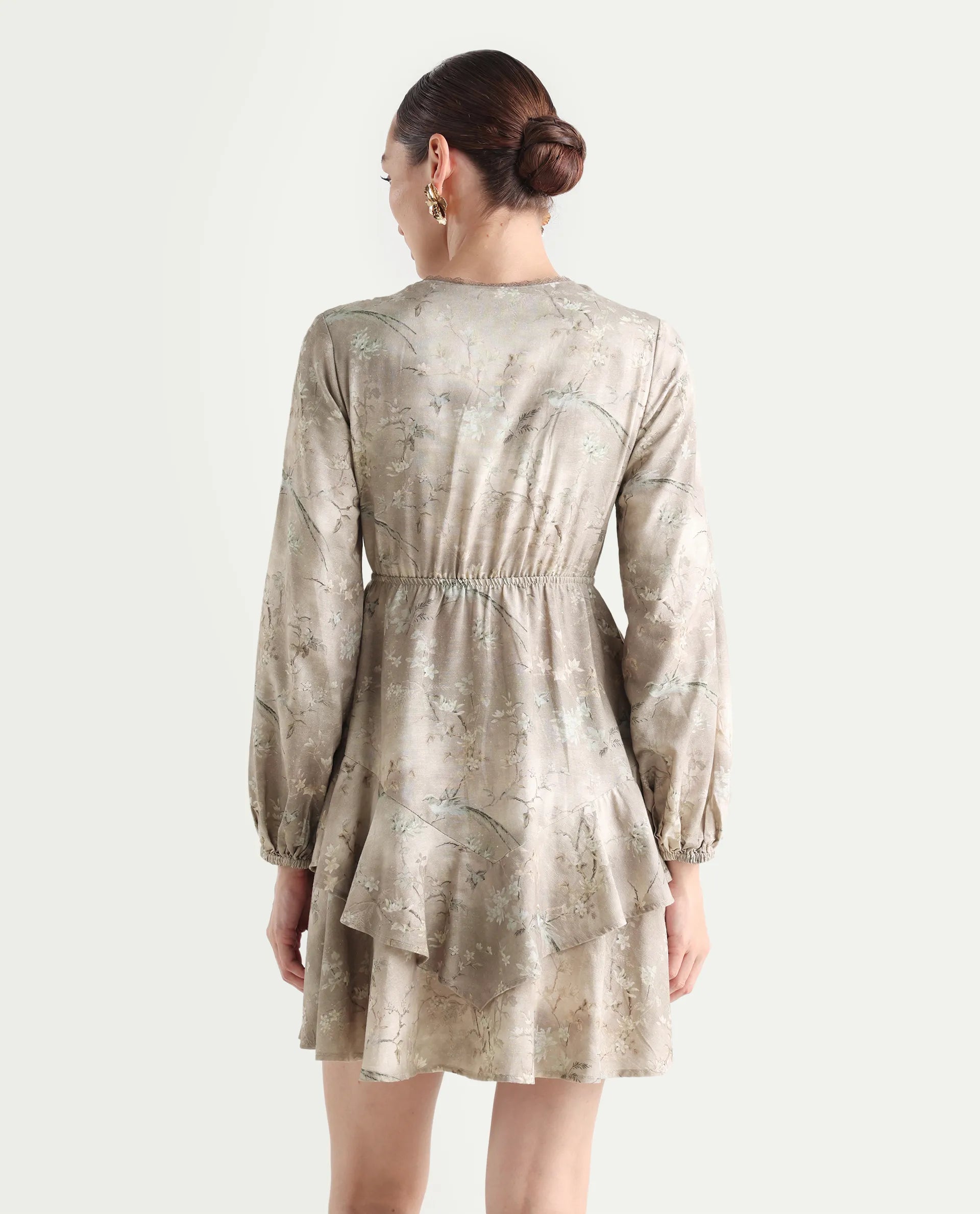 Rareism Women's Wesdure Beige Rayon V-Neck Floral Print Bishop Sleeve Knee Length Fit And Flare Dress